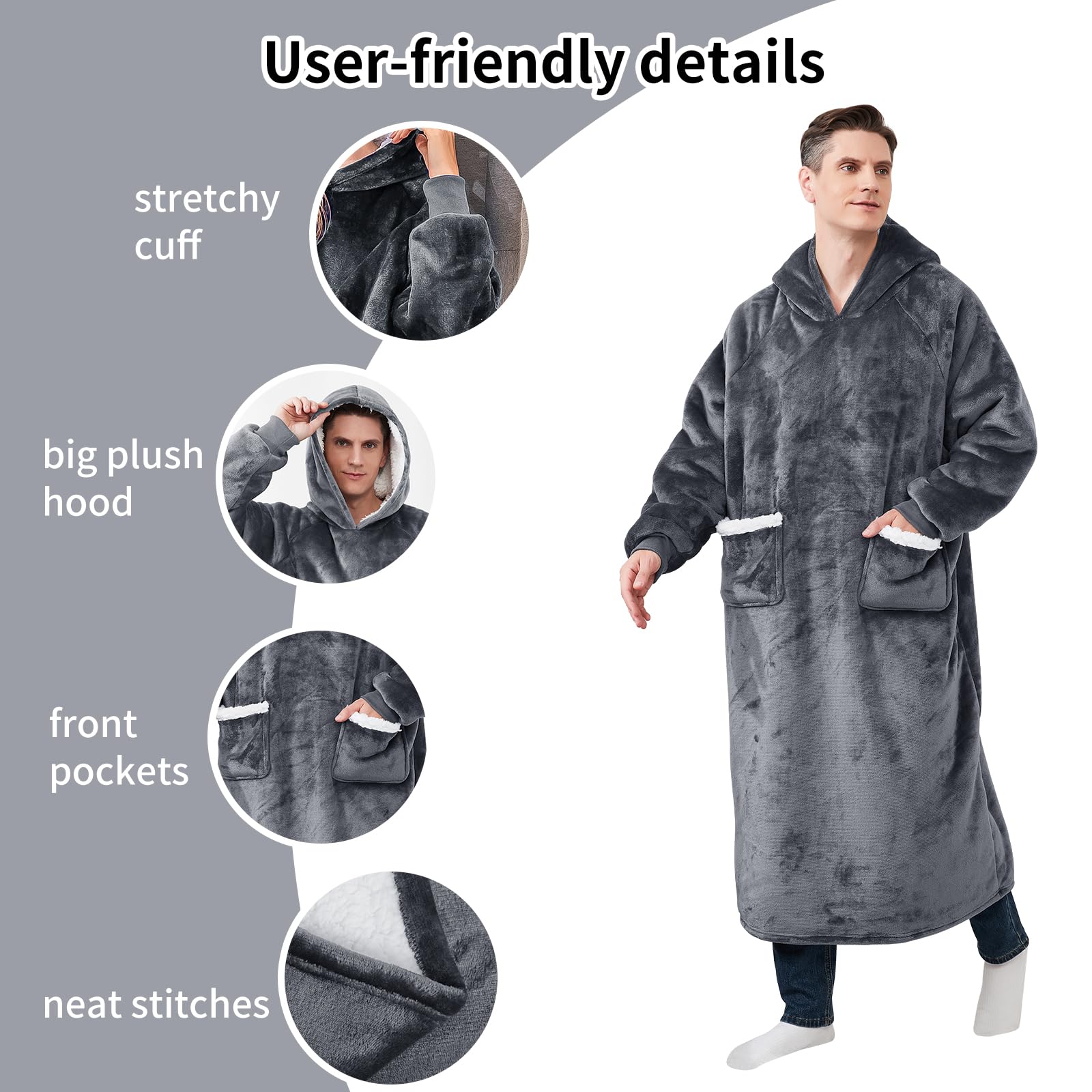 Aisbo Plaid Felpa Coperta con Maniche - Pigiama Coperta Indossabile Donna e Uomo Oversize con Manica e Cappuccio Plaid da Divano con Braccia Pile di Sherpa, Hoodie Blanket (Grigio Scuro,130x82cm)