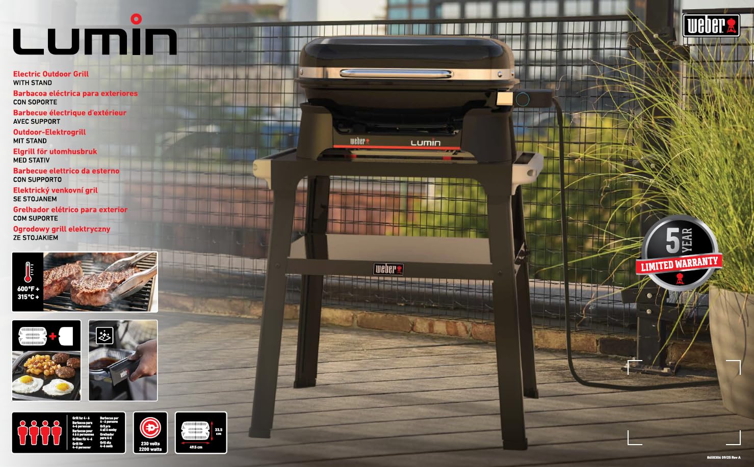 Weber Lumin Barbecue Elettrico 315°C Griglie Ghisa Smaltata Porcellana 33x49 cm Nero