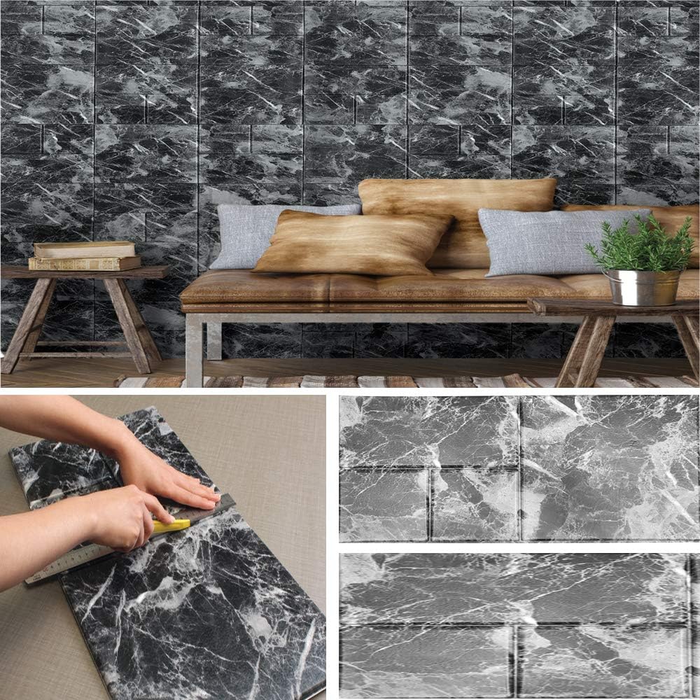 PDM 3D Self-Adhesive Wall Panels Faux Foam Tiles Wall Stickers/Wallpaper for Living Room/TV Walls/Sofa Background Wall Decor/Bathrooms Wallpaper (Marble Black-40 Pieces 67.68 sq.ft)