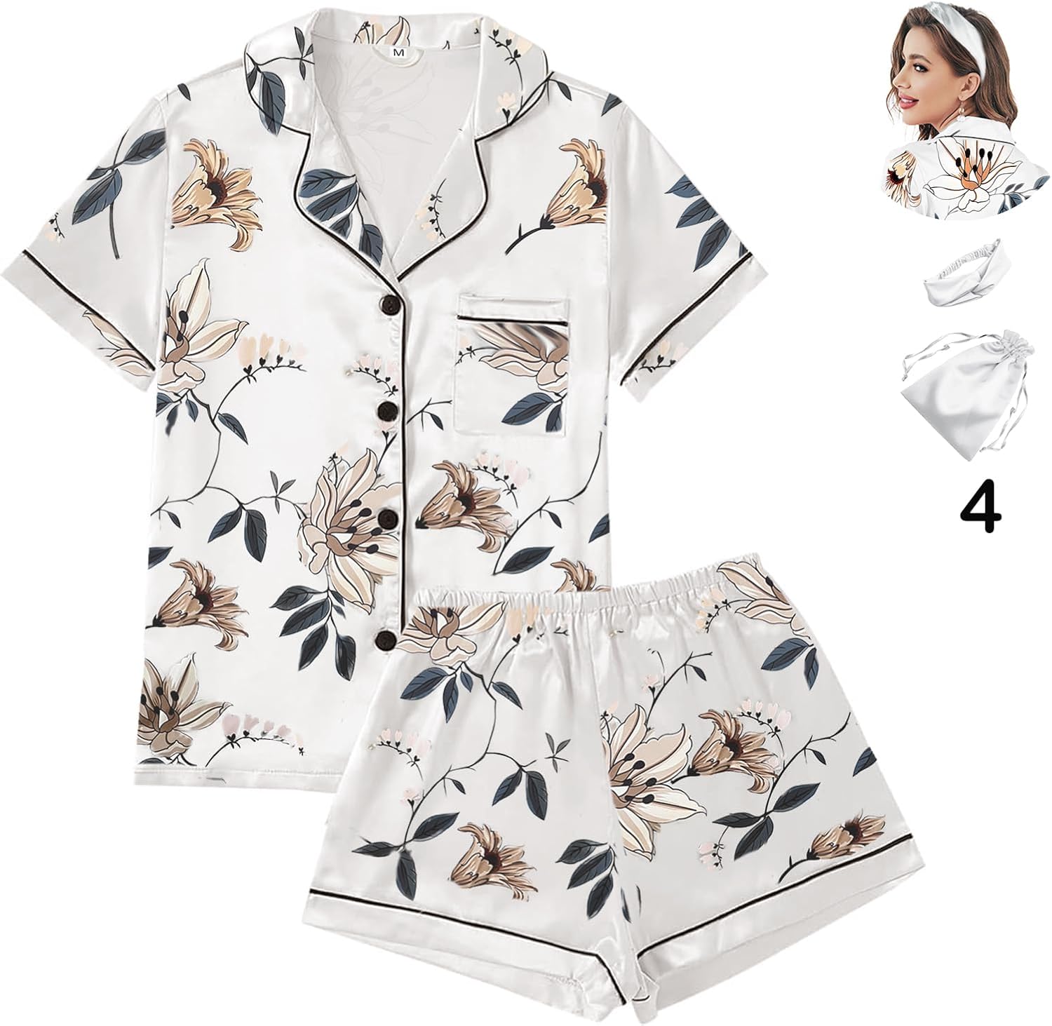 4Pcs Womens Satin Silky Pajama Sets Short Sleeve Shirt XS-4XL Floral Pajamas Set Soft PJ Loungewear Sleepwear - Image 4