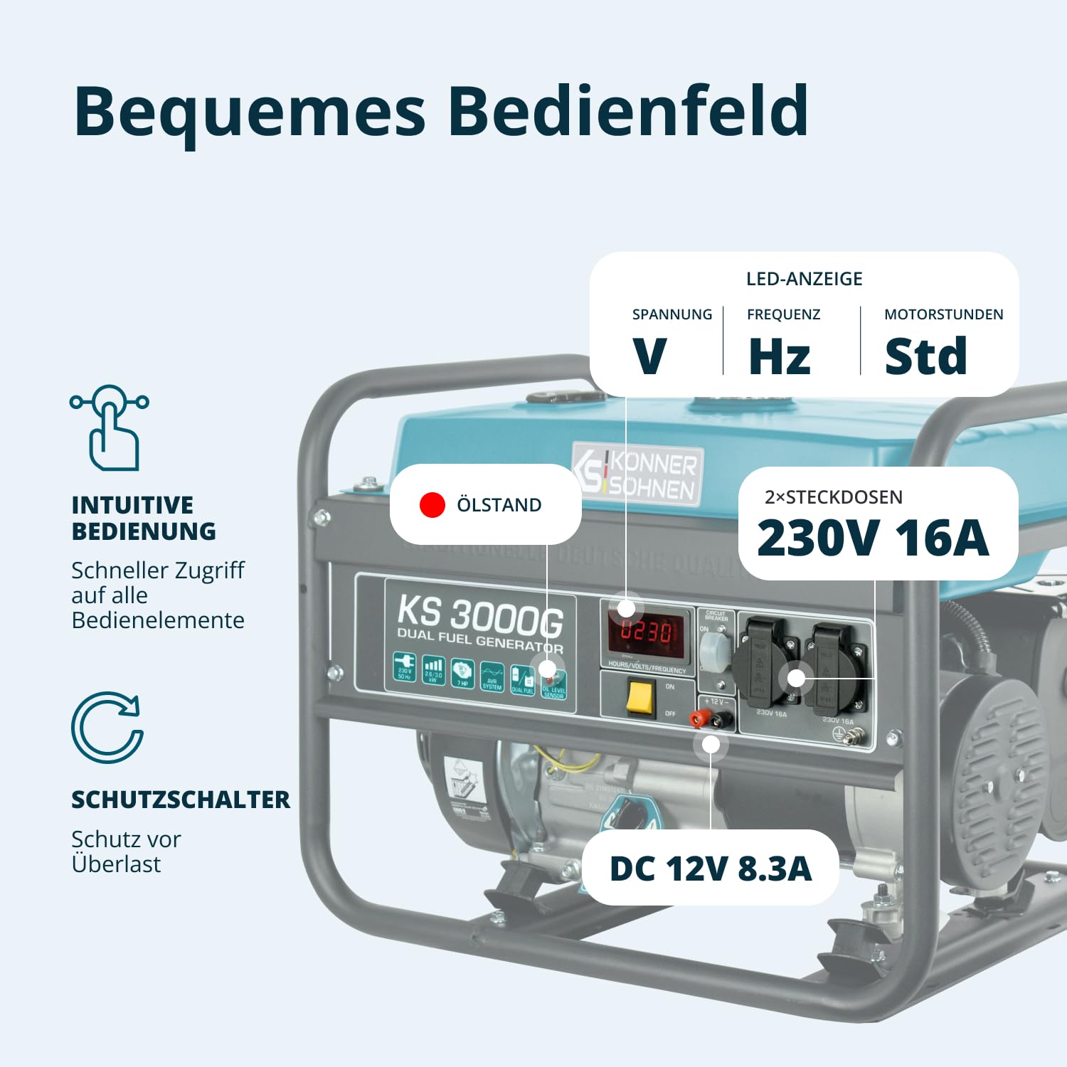 Könner & Söhnen KS 3000G - Hybrid Benzin-LPG 4-Takt Stromerzeuger, Kupfer Generatoren 3000 Watt, 16A, 230V, Generator für Kleinhaus, Garage oder Camping