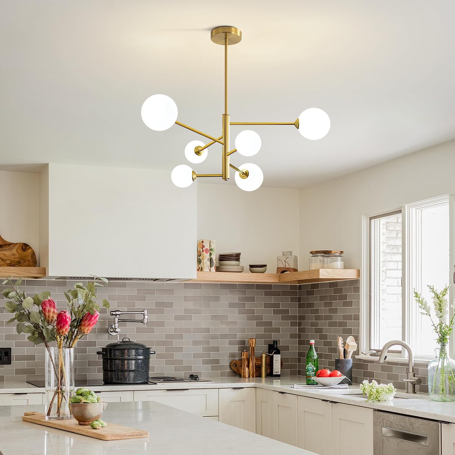 KCO Lighting Modern Gold Sputnik Chandelier 6 Light Sputnik Ceiling Light Small Milk Glass Dining Room Light Fixture Linear Chandelier for Kitchen Island