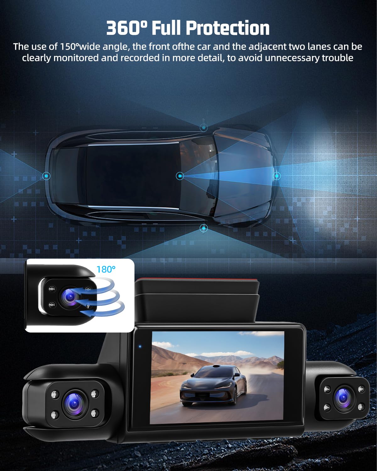 NHOPEEW Dash Cam a 4 canali anteriore e posteriore - Telecamera per auto a 360 gradi con display da 3 pollici, visione notturna IR, registrazione in loop, rilevamento del movimento + scheda TF da 64G