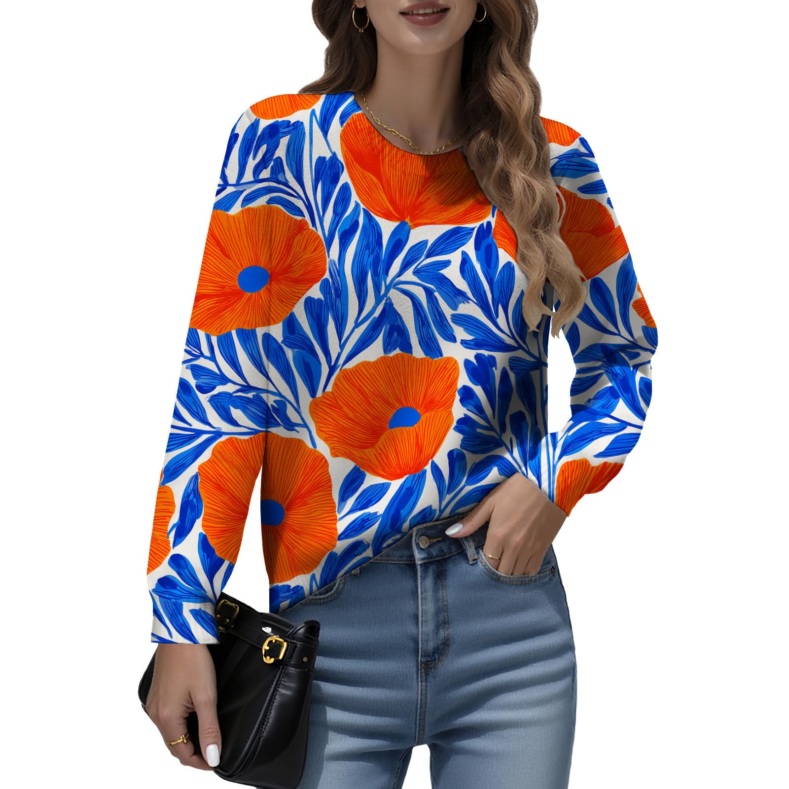 Oversized Sweaters for Women Boho Floral Print Graphic Tops Casual Plus Size Long Sleeve Crewneck Warm Fall Pullovers