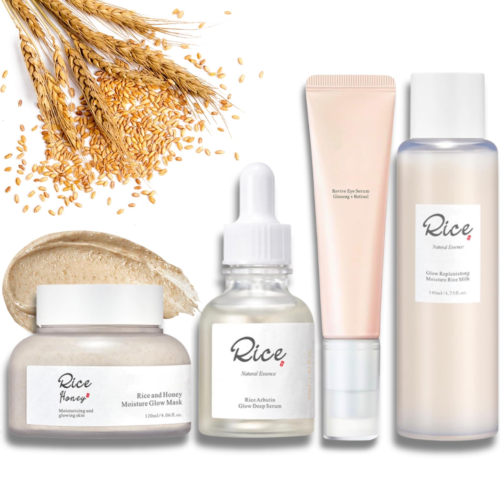 4-Step Korean Glass Skin Set - Rice & Honey Glow Mask, Arbutin Serum, Ginseng Eye Care, Hydrating Toner, SET-A