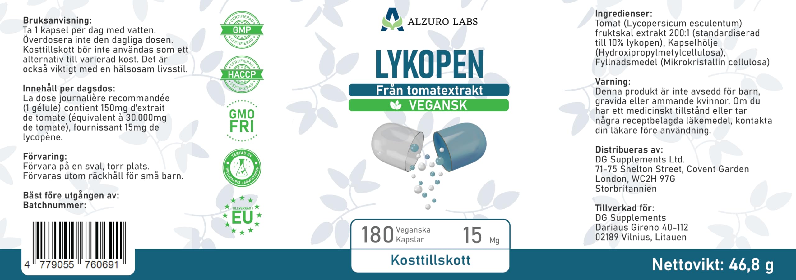 Lycopène 15 mg | extrait de tomate 200:1 standardisé à 10% | 180 gélules végétales | soutien antioxydant | BPF & testé par un laboratoire indépendant