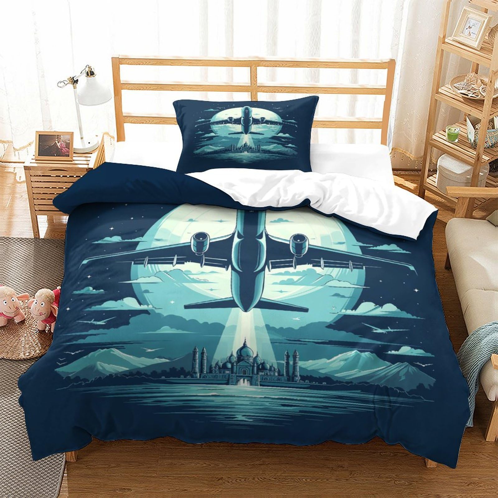 P1S9U7W5Y Aviation 3D Printed Duvet Cover Set 3pcs Microfiber Airplane Bedding Set for Bedroom Single（135x200cm）