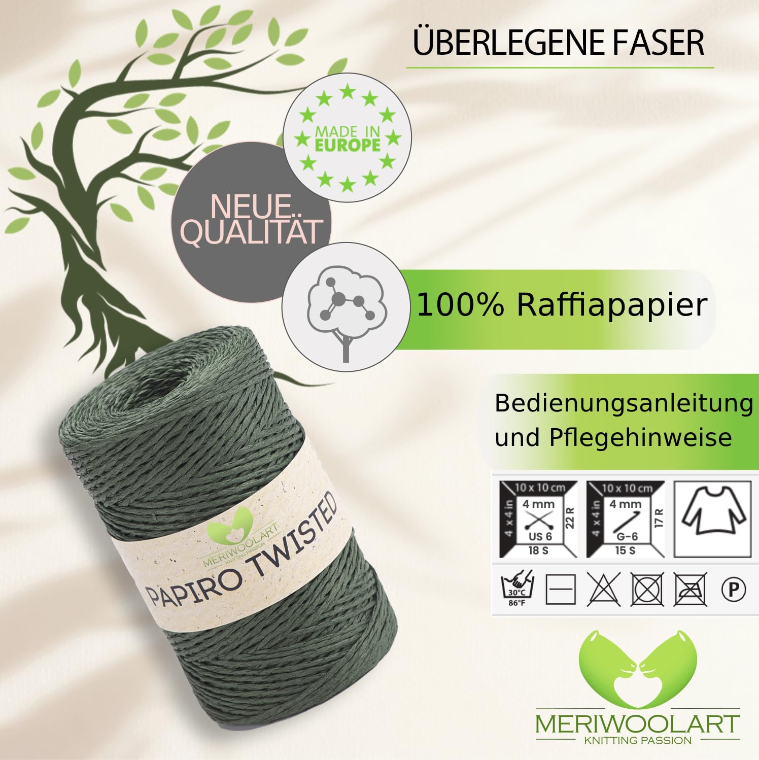Fil Papier Raphia Torsadé MeriWoolArt - 100g (170m) Pour Macramé, Crochet, Tricot écolo