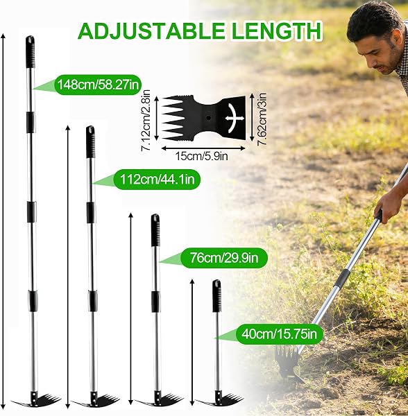 150cm Weed Puller Tool with Long Handle, 2-in-1 Manual Weeding Rake and Garden Hoe, Adjustable-length Weed Remover Hoe for Yard, Patio, Vegetable Patches, Lawn & Garden - 2