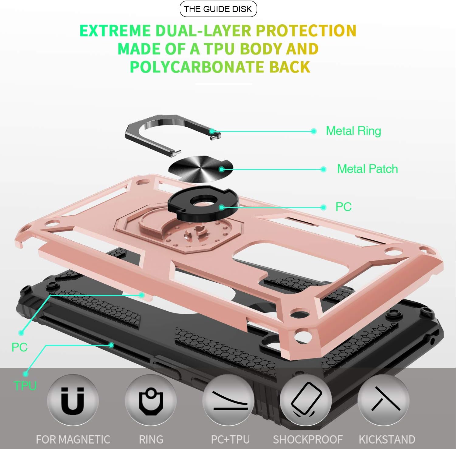 Compatible for Samsung Galaxy S9+ Case (No fit for S9) with 3D PET Screen Protector, Gritup Military-Grade Shockproof Protective Phone Case with Magnetic Kickstand Ring for Samsung S9 Plus Rose Gold