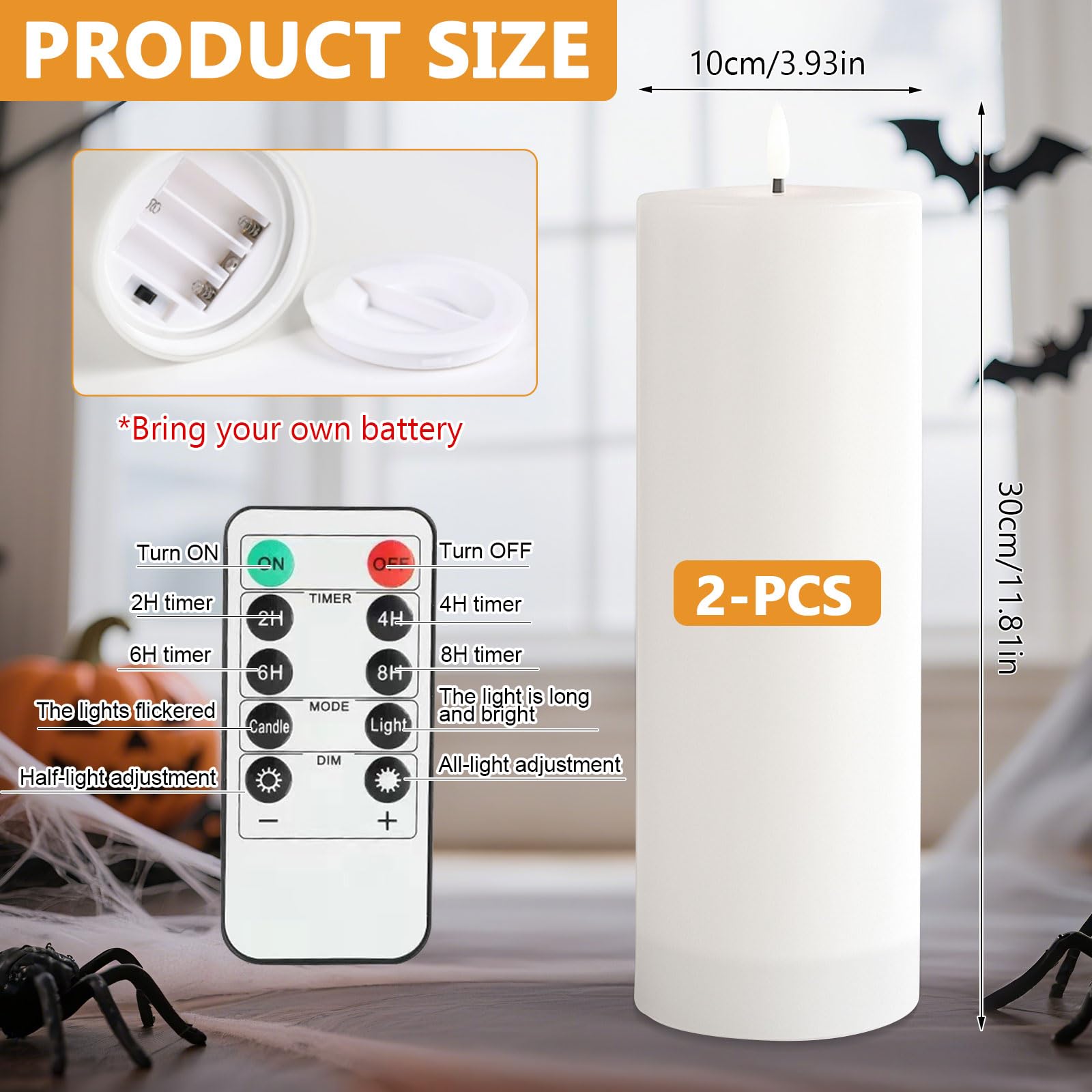 10 x 30 cm Bougies LED Flamme Vacillante, Fausse Bougie LED Exterieur Etanche avec Minuterie et Télécommande, Grandes Bougies Electriques Decorative, 2 pièces