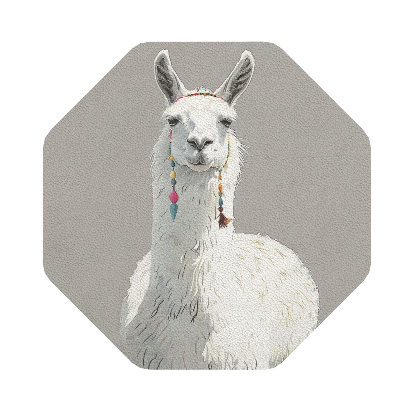 Llama print Print Leather Coaster Set of 6, Octagon Coasters Table Decorative Coffee Cup Beverage Coasters Wine Beer Bar Coasters for Hot Drinks Table Protection
