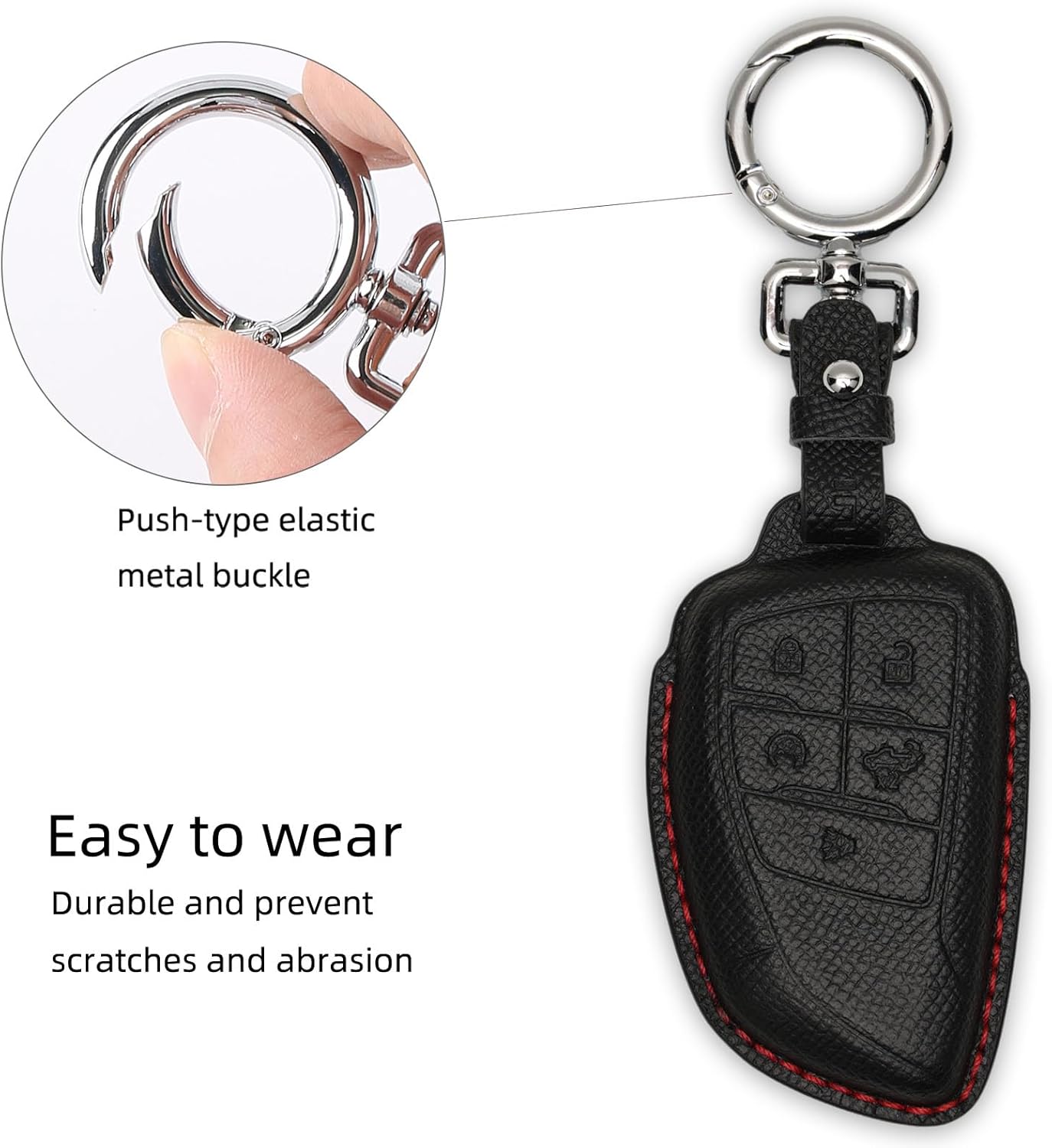 Genuine Leather Key Fob Cover for 2021-2025 GMC Yukon, Chevrolet Suburban/Tahoe, Buick Keys -Black (Red Line)