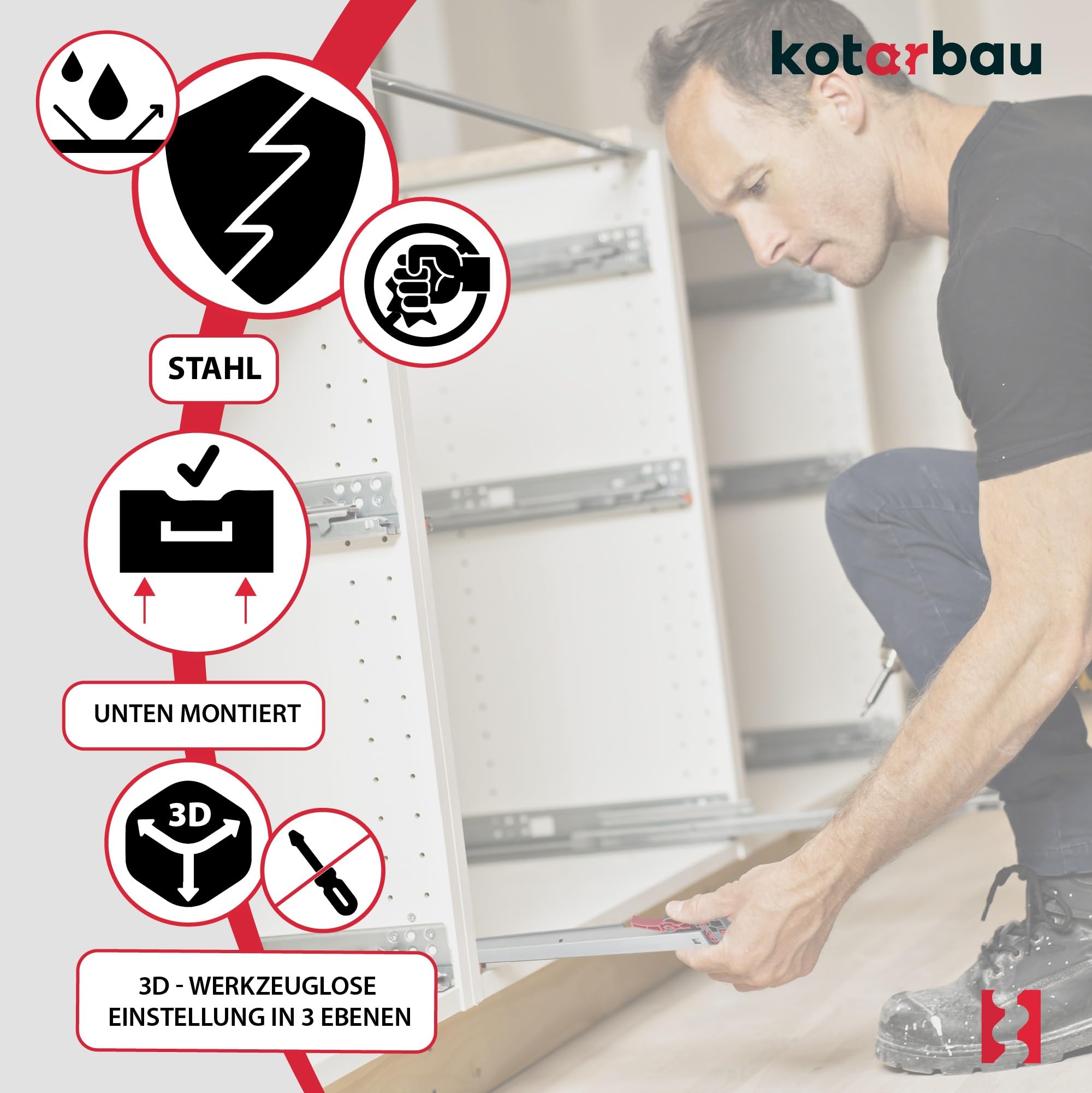 KOTARBAU® 1 par (2 unidades) rieles 3D para cajón de montaje en suelo, extensión completa, 350 mm, cierre suave, de acero, extensión completa, guías telescópicas, montaje en el suelo, extensión