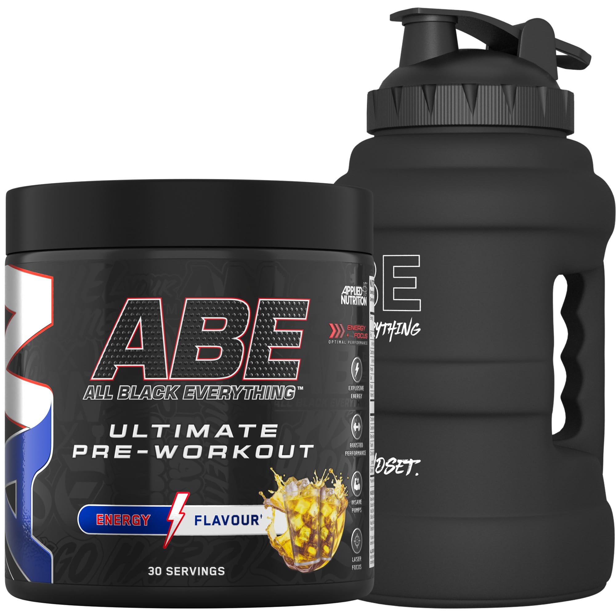 Applied Nutrition Bundle ABE Pre Workout 375g + JUG 2.5 LT Matt Black | All Black Everything Pre Workout Powder, Energy & Physical Performance with Creatine, Beta Alanine (Energy Flavour)