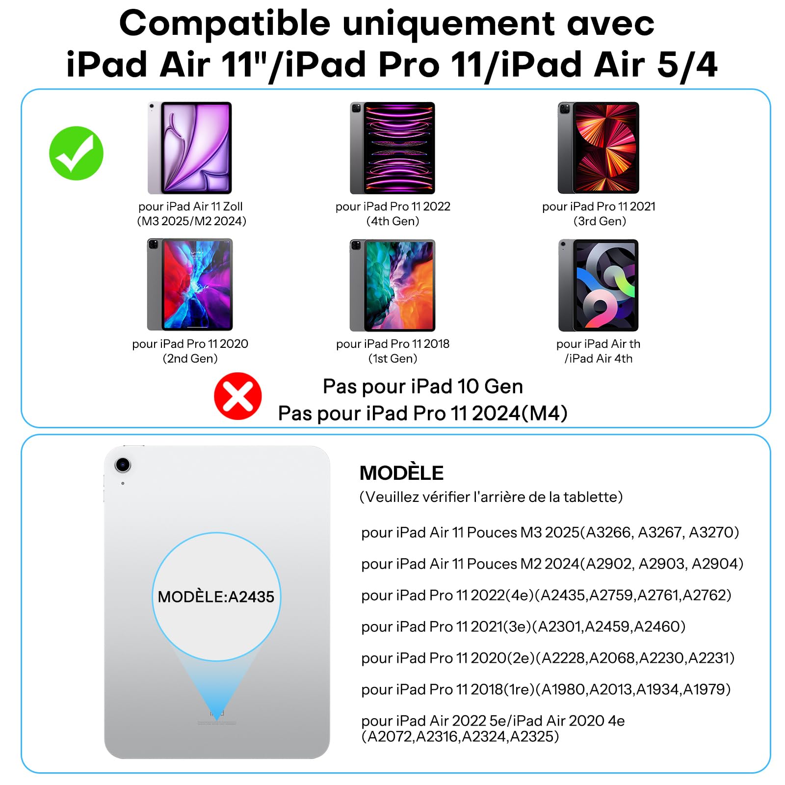 OMOTON - Funda con teclado para iPad Air 11 (M3/M2, 2025/2024)/Air 5/4 con Trackpad, Magic Keyboard para iPad Pro de 11" (4/3/2/1 Gen) francés AZERTY ISO-FR, 7 colores retroiluminados, portátil, negro