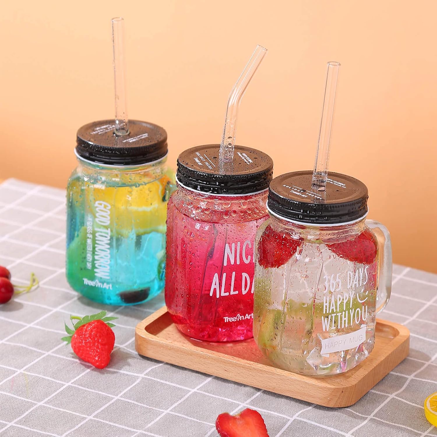 STREWEEK 6PCS Reusable Glass Drinking Straws, 8.5in X 10 mm, with Two Cleaning Brushes, Perfect for Smoothies, Milkshakes, Juices,Teas and Other Cold/Hot Beverages