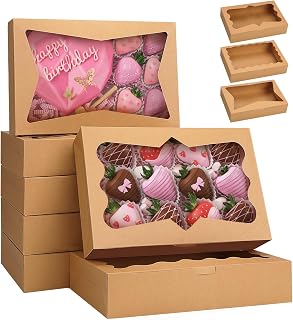 TOMNK 7pcs Cookie Boxes, 12x8x2.5 Inches White Bakery Boxes with 3 Style Window for Chocolate Covered Strawberries, Donuts, Pastries (Brown)