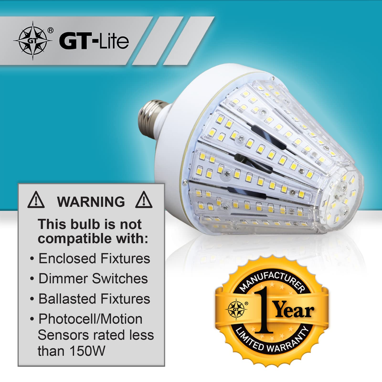 GT-Lite LED Corn Cob Bulb, 40W (300W Equivalent), 5200 Lumen, Daylight 5000K, E26 Base