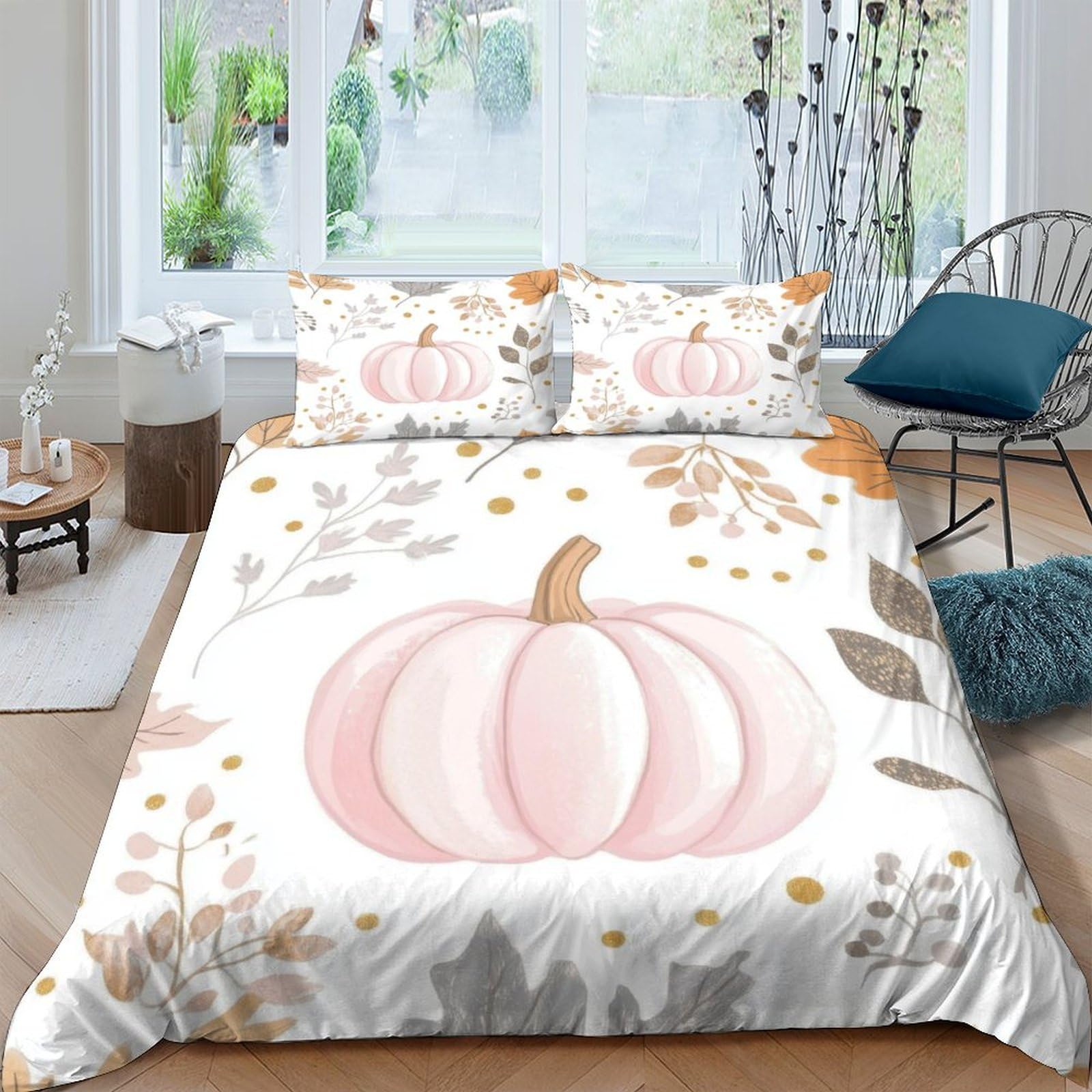 GPLZQXKJNH 3D Printed Pink Pumpkin Duvet Cover Set Microfiber Autumn Leaves Bedding Set with 2 Pillowcases for Bedroom Decor Single（135x200cm）