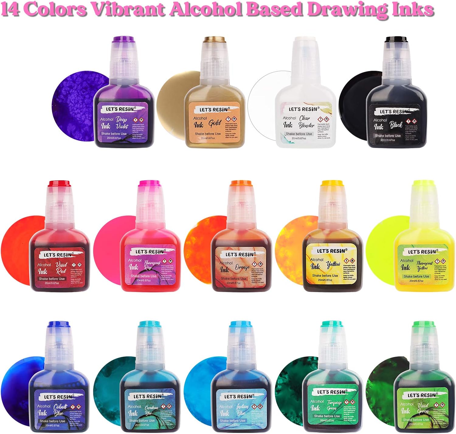 LET'S RESIN Alcohol Ink Inks Set- 14 Fast Drying Alcohol Ink for Painting w/Blender & Gold Color Each 0.67oz – Vibrant & Highly Saturated Alcohol Ink for Resin,Ceramic,Alcohol Ink Art