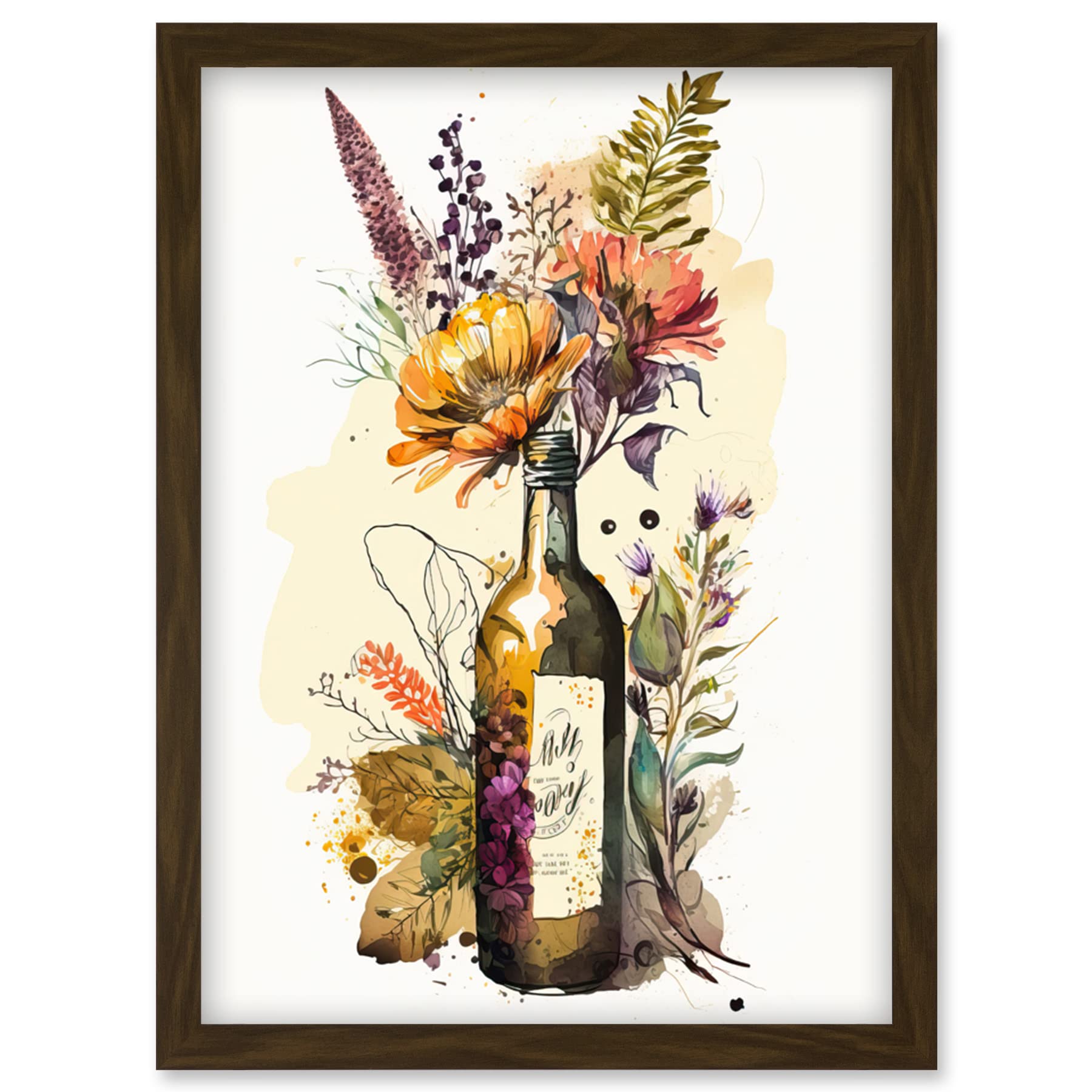 Artery8 Wildflower Bouquet in Upcycled Glass Wine Bottle Artwork Framed Wall Art Print A4