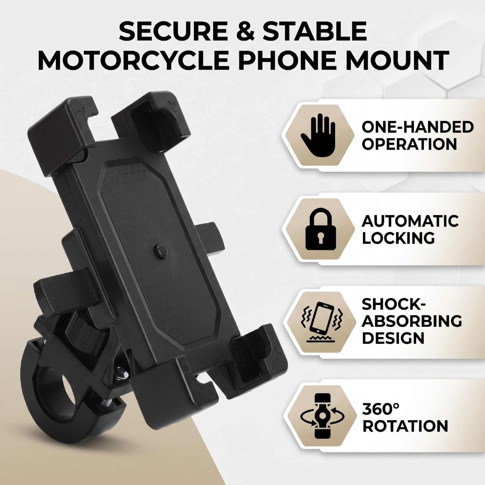 Yctze Supporto per Telefono per Moto Blocco Automatico Anti Vibrazione 4,7-7 Pollici (Tipo di manubrio, adatto per manubri da 20-28 mm)