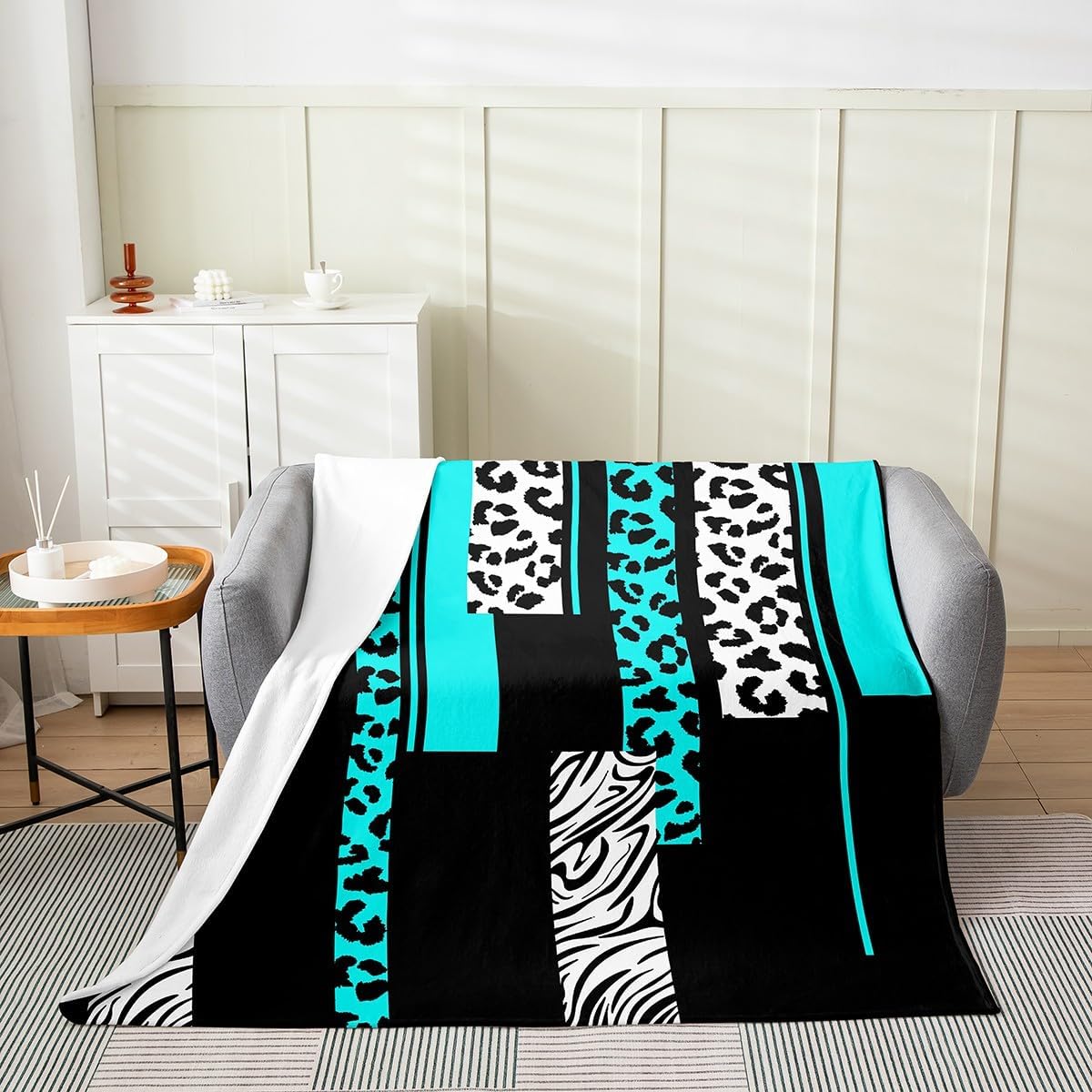 Feelyou Leopard Zebra Plush Throw Blanket, Queen 90"x90" Kids Cheetah Teal White Black Flannel Fleece Blanket for Teens Animal Print All Season,Bed Blanket Breathable Safari Geometric Room Decor