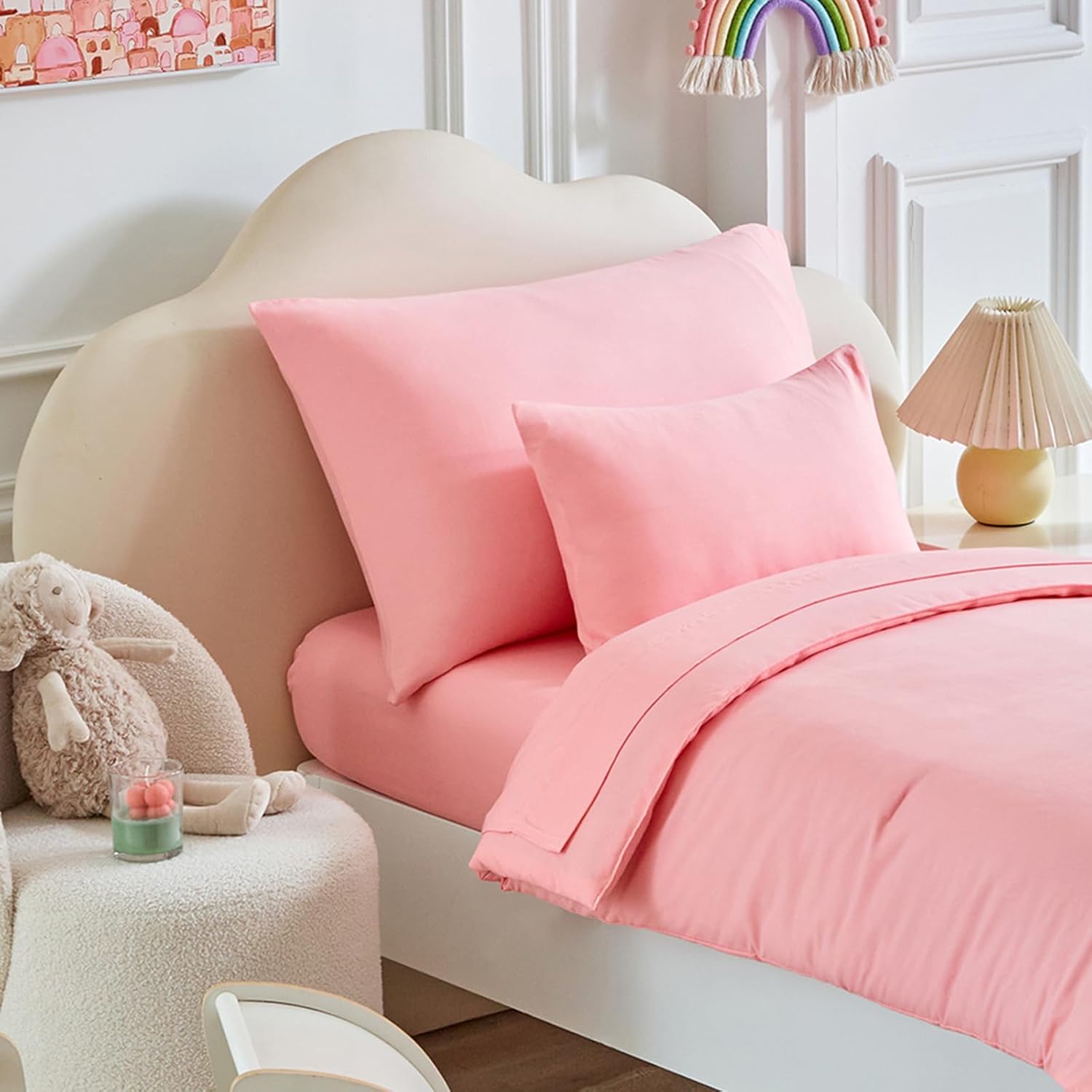 Kids Comforter Sheet Set - Soft and Breathable Bed Set Includes Quilted Comforter, Fitted Sheet, Flat Top Sheet, Pillowcase and Toddler Pillowcase for Toddler - 5 Pieces Toddler Bedding Set Pink