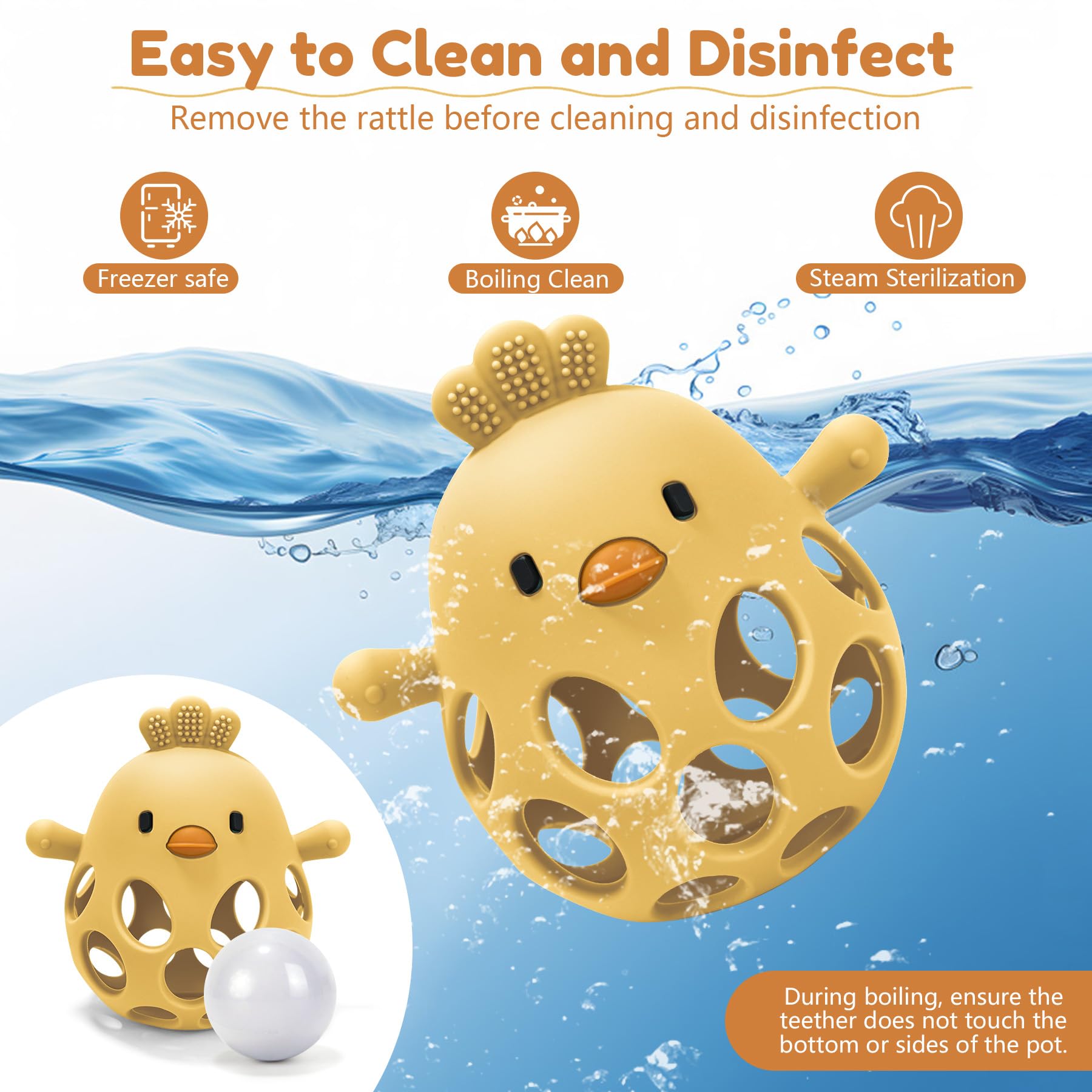 MCGMITT Palla presa Con Sonaglio – Massaggiagengive in Silicone BPA-free per Neonati, Giocattolo Sensoriale Montessori a Forma di pollo per Dentizione e Sviluppo Precoce 0-24 Mesi Bambini – Giallo