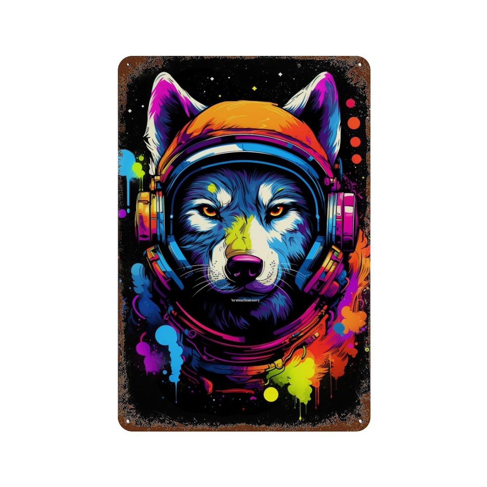 Space Wolf Headphones Art Print Distressed Metal Wall Sign 11.8"x7.9", Ideal for Pub, Kitchen And Man Cave Decor