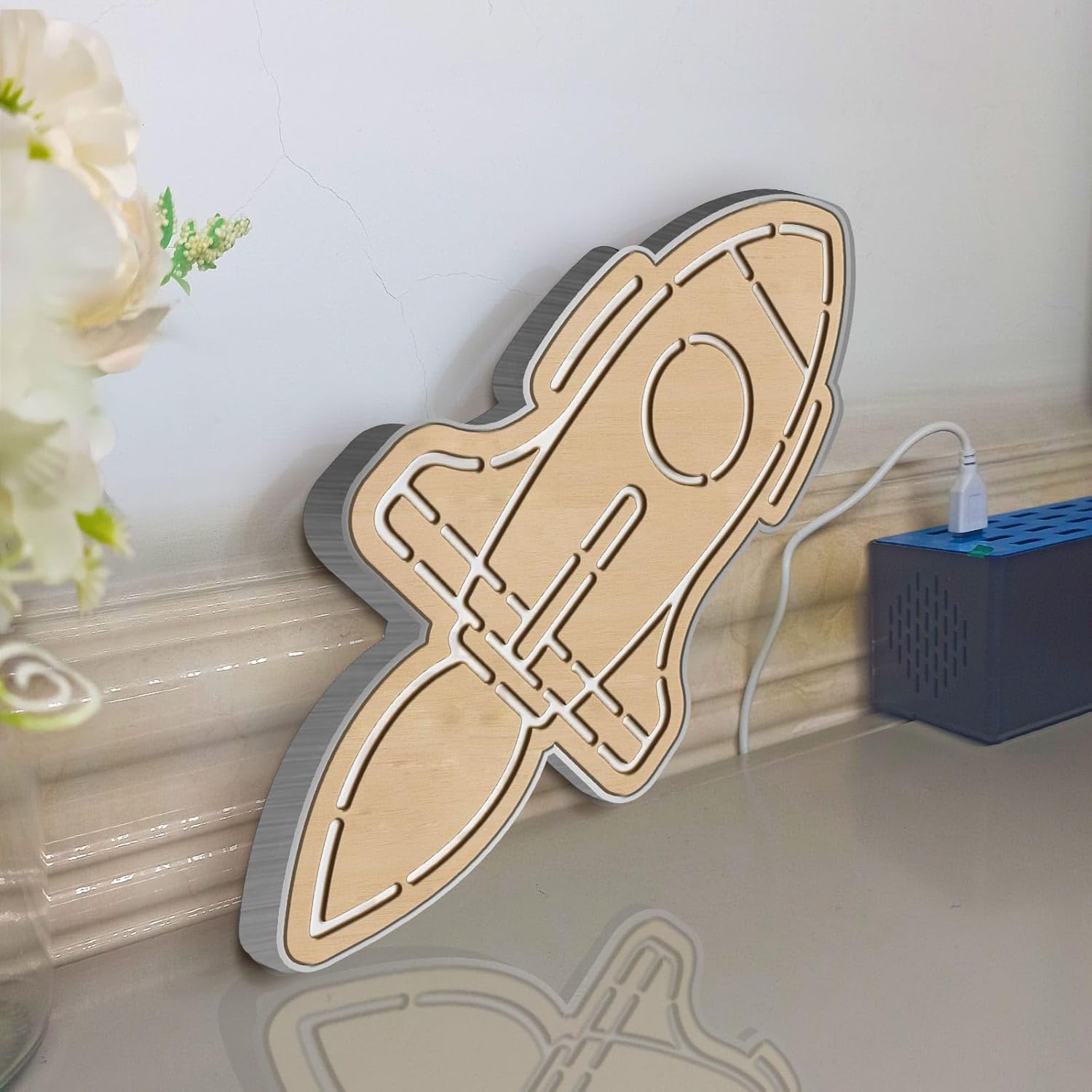 Interstellar Rocket Ship Led Light Box, Flying Rocket Wall Art Decor, Lighted Desktop Decoration (Static Light, Small Size)