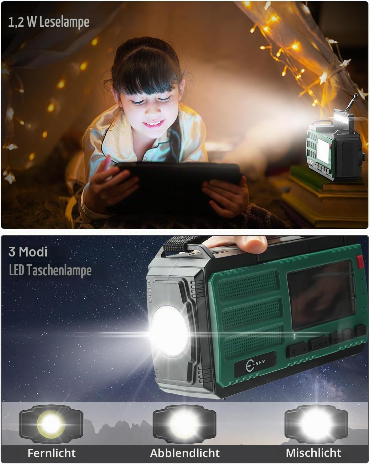 Esky Kurbelradio, 10000mAh Solar Notfallradio mit AM/FM Wiederaufladbare Weltempfänger, USB Lader, LED Taschenlampe&Leselicht, SOS-Alarm & Kompass, Tragbar für Camping, Notfall, Blackout, Geschenkidee