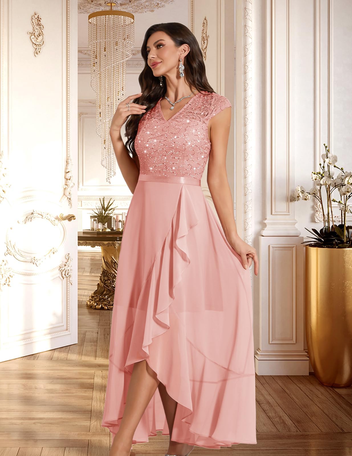 Bbonlinedress Vestido formal de cóctel para mujer, con lentejuelas, encaje floral, boda, dama de honor, graduación, cuello en V, manga casquillo