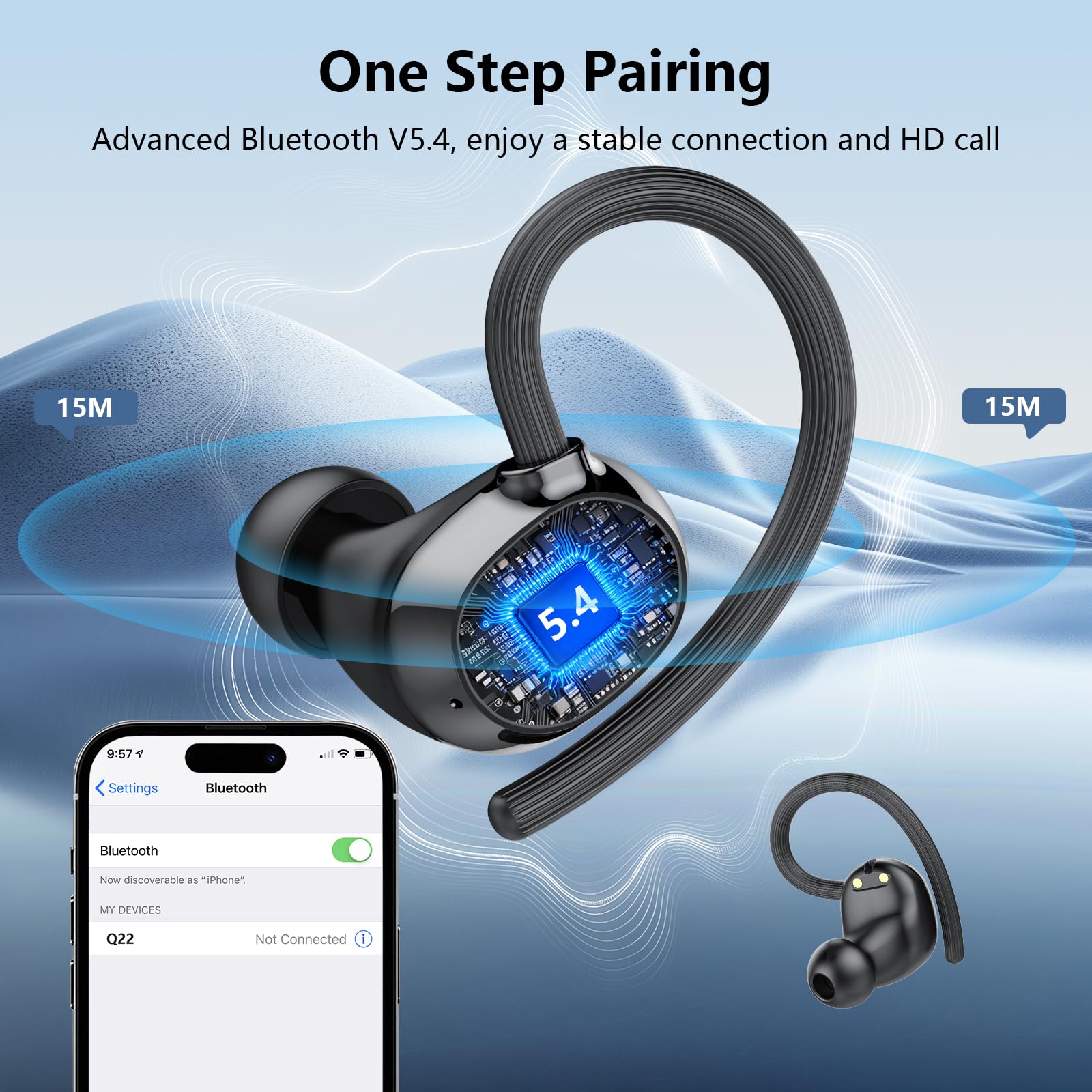 Écouteurs sans fil, écouteurs de sport Bluetooth 5.4 128H avec crochets d'oreille, double écran LED, 4 ENC antibruit, écouteurs sans fil, écouteurs étanches IP7 pour sport/gym/course à pied