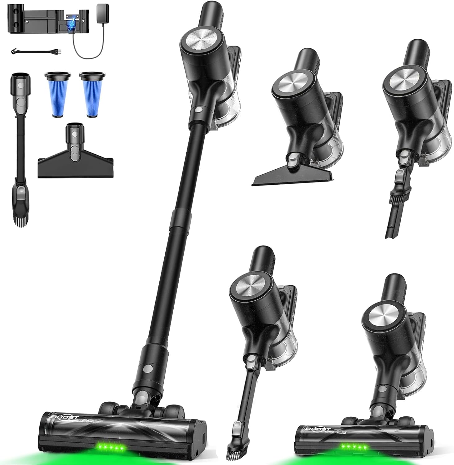 Cordless Vacuum Cleaner, 55Kpa/55 Mins Vacuum Cleaners for Home, Self-Standing Stick Vacuum with Rechargeable Dock,LED Display & Anti-Tangle,Lightweight Vacuum for Carpet,Floor (Pure Black)