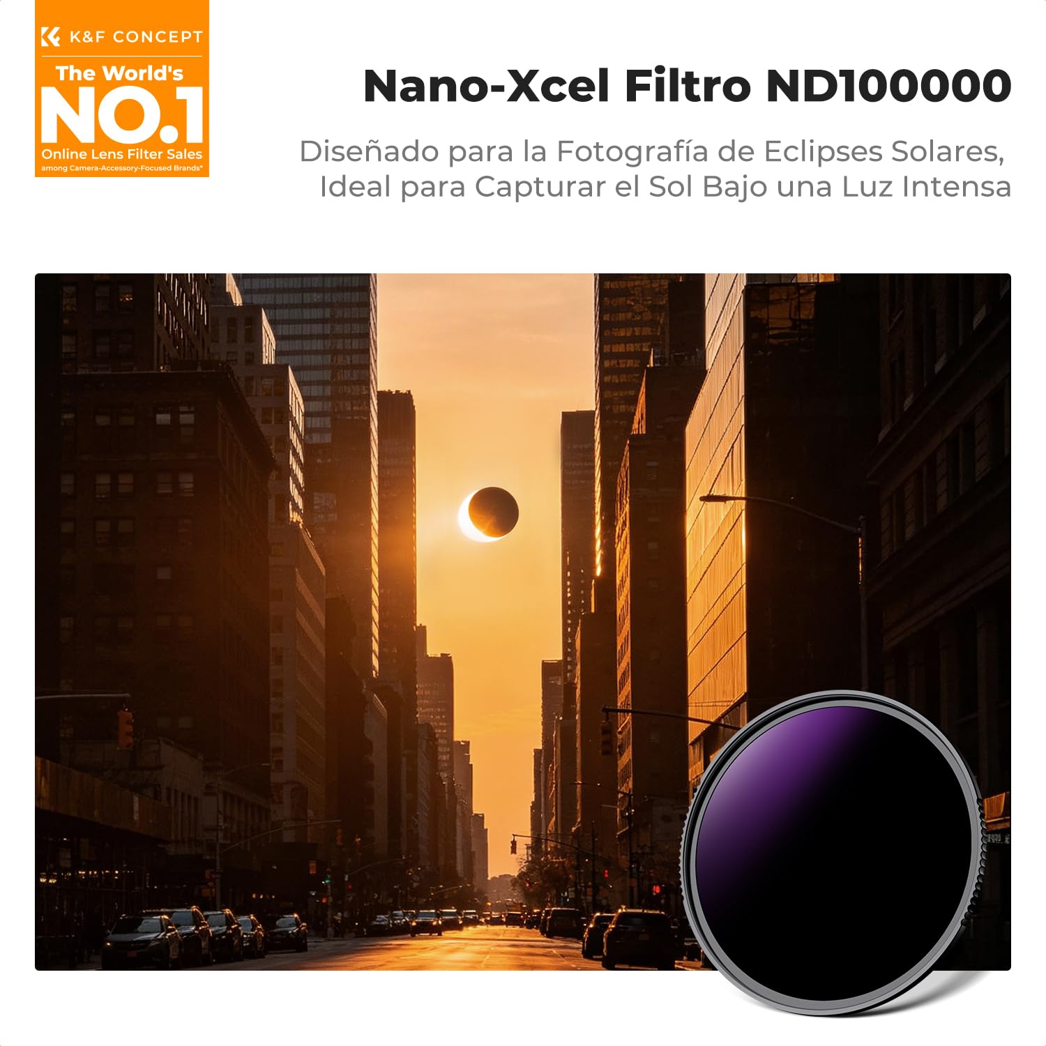 K&F CONCEPT Nano-Xcel Filtro ND100000 (16.6 f-Stops) de 77mm para Eclipse Solar, Filtro de Densidad Neutra para Exposiciones Ultralargas, Fotografía Solar, Vidrio Ópticocon 28 Capas Revestimiento Nano