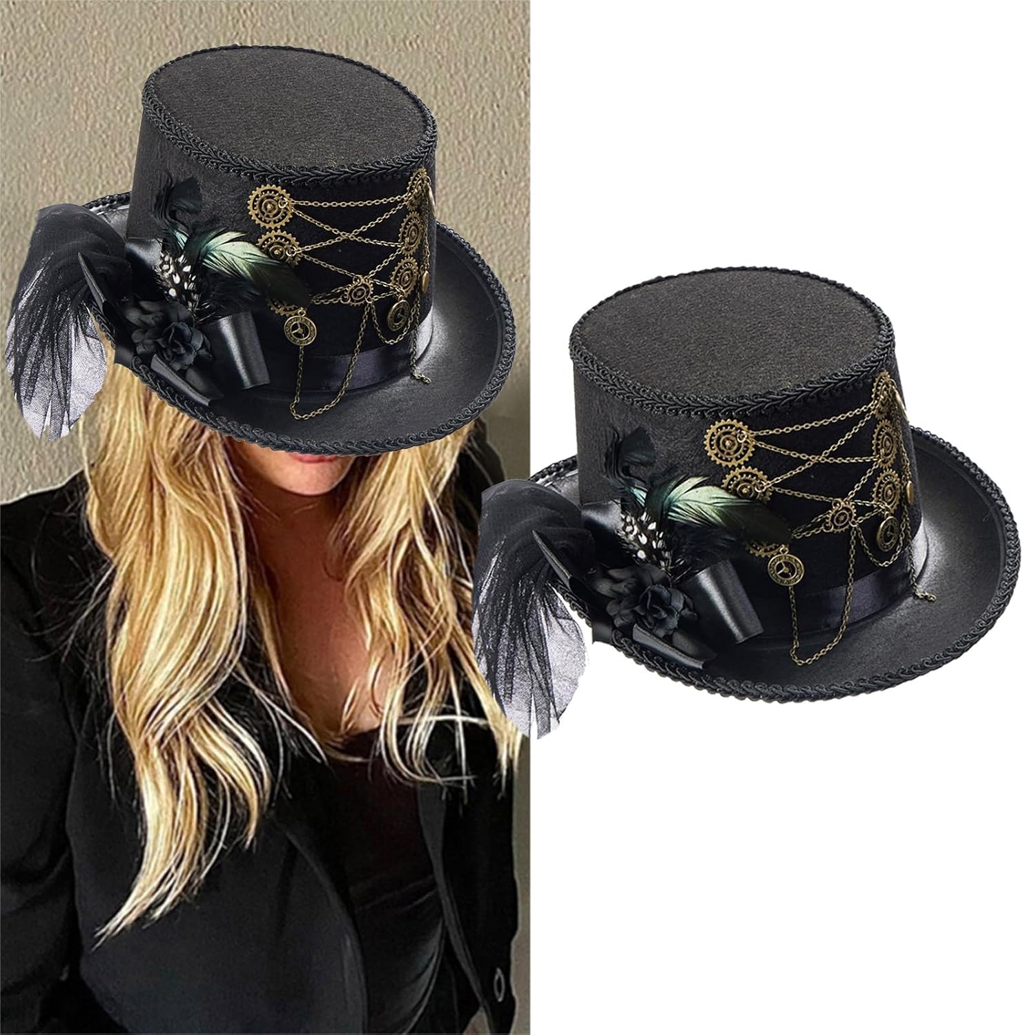 Steampunk Flat Top Hat Halloween Costume Hat Black Carnivals Top with Feather and Gear Chain for Women Dress Up Flat
