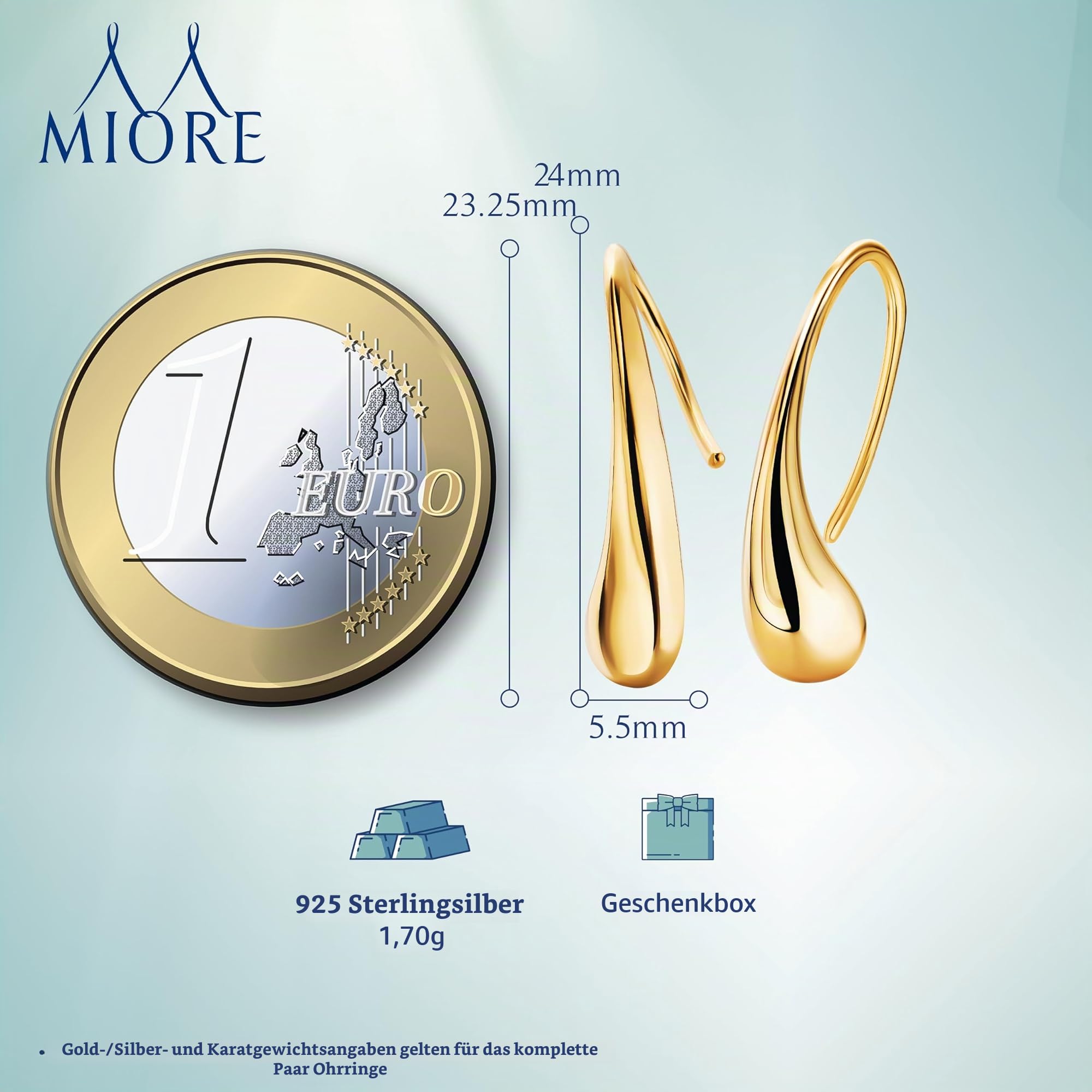 MIORE Ohrringe Silber 925, 18 K Vergoldet, Moderne Wasser -Tropfen Ohrhaken, Ohrringe Silber 925 hängend Vergoldet, Hypoallergener Ohrschmuck, Schmuck Damen, Silberschmuck in hochwertiger Schmuckbox