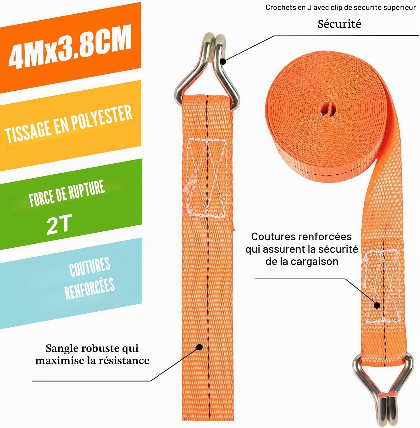 4 Jeux de Sangles à Cliquet 2000 kg - 4M×38MM, Certifiées TÜV GS, DIN en 12195-2, Sangle d’Arrimage, Sangles de Serrage avec Tendeur à Cliquet pour Remorque, Moto, Voiture