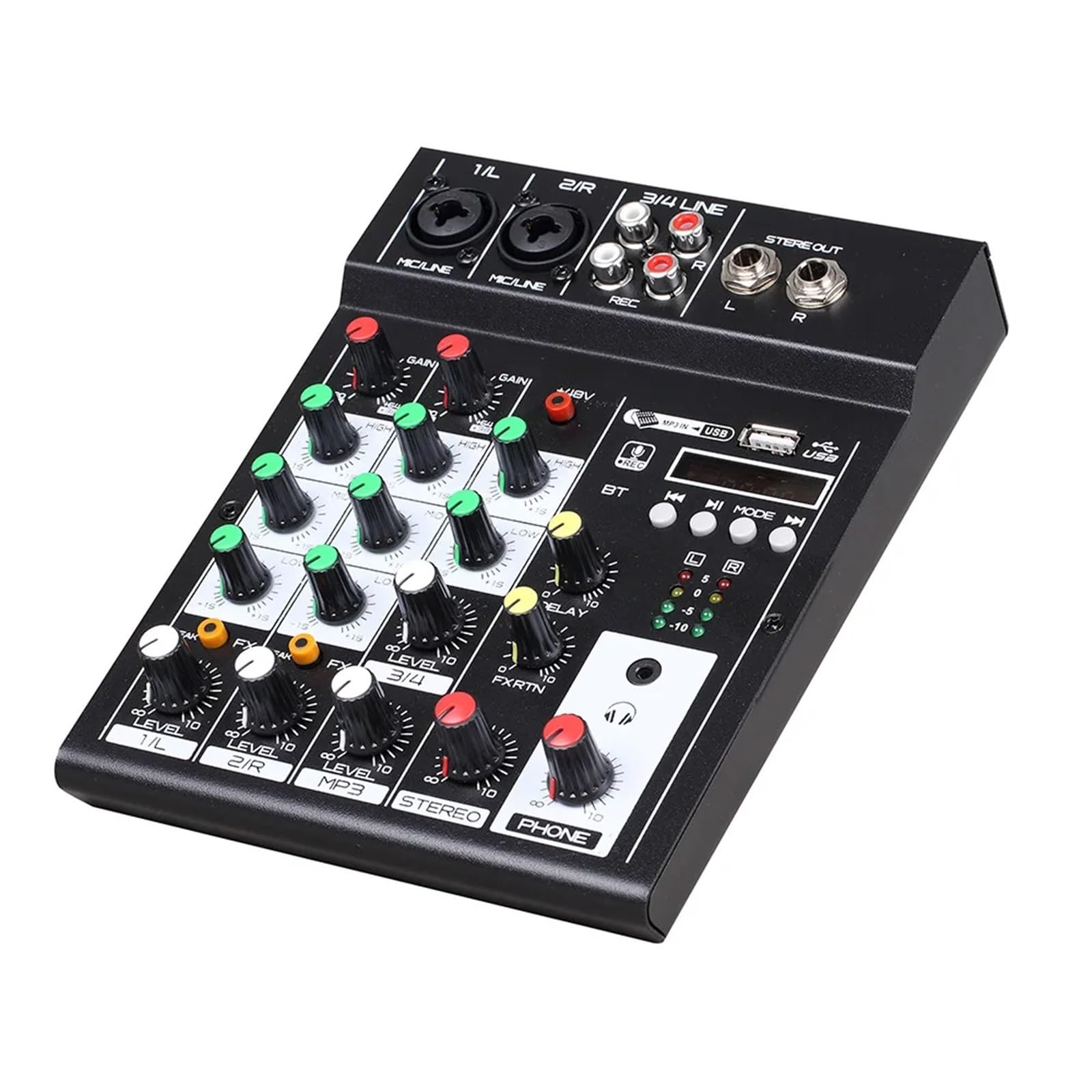 Consolle DJ, Mixer audio-dio a 4 canali Console audio Riproduzione MP3 Console BT Mixer audio-dio digitale Effetto riverbero EQ a 3 bande Alimentatore DC 5V