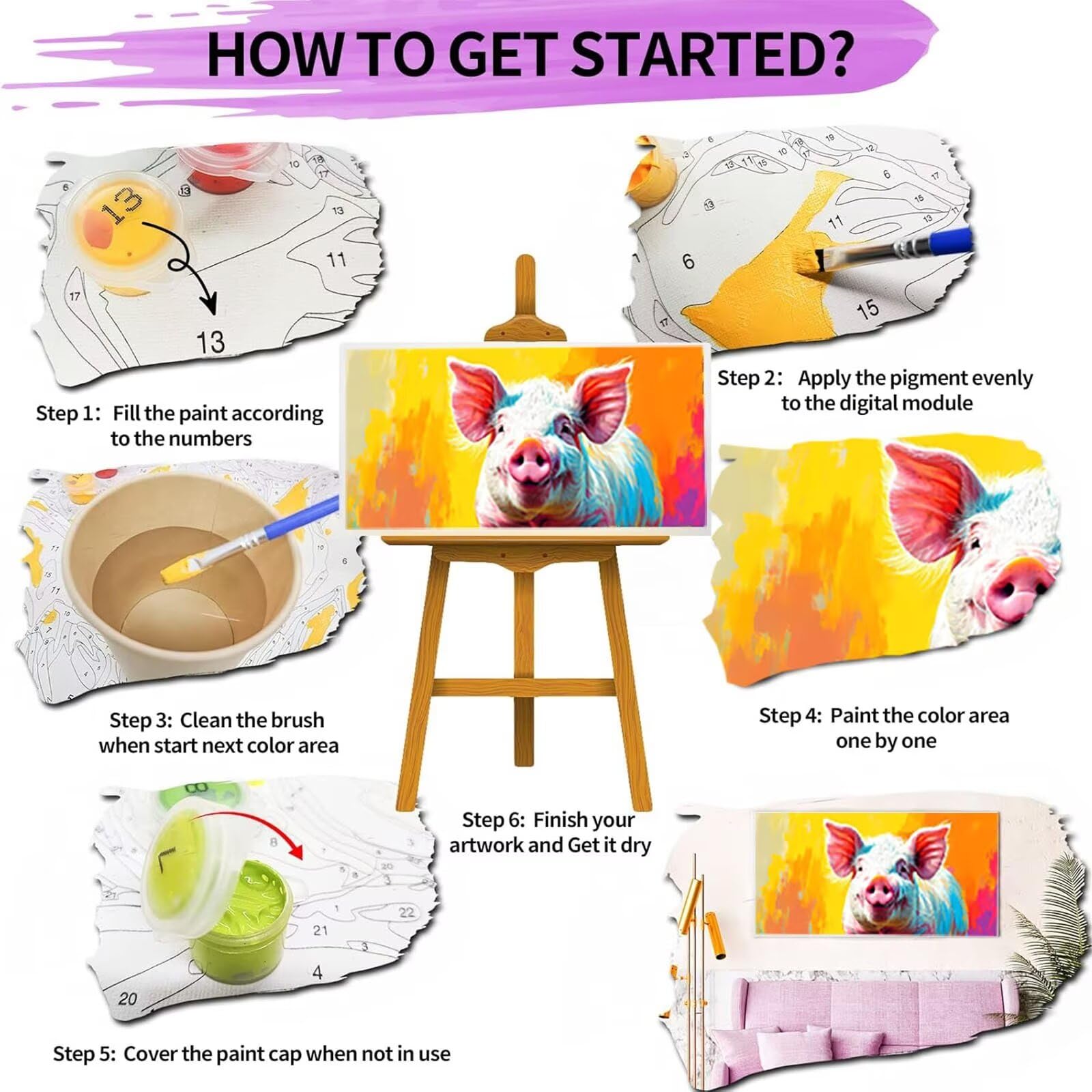 Malen nach Zahlen Kinder Tier Malen Nach Zahlen Erwachsene, Geschenke für Mädchen Junge Bastelset Set, Malen nach Zahlen Schwein | Malen nach Zahlen Ohne Rahmen, (60x120cm) Bastelset Erwachsene 8-Q