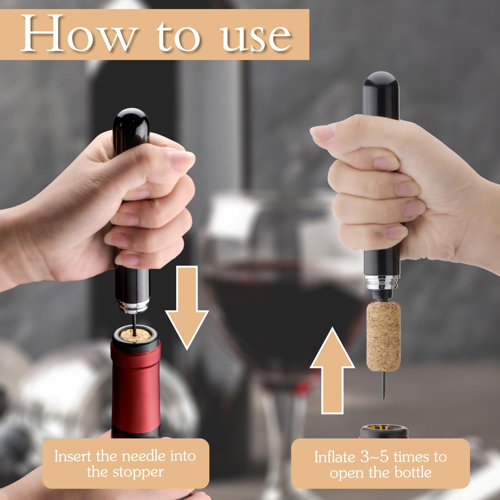 Sacacorchos de Aire a Presión 2 en 1 con Tapones de Acero Inoxidable Abridor de Vino Profesional