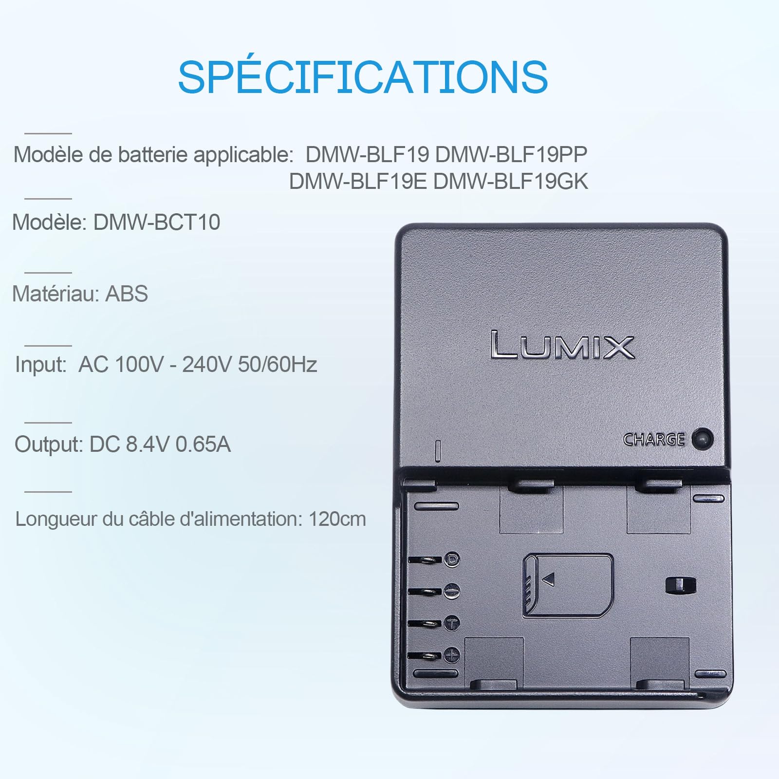 DMW-BCT10 DMW-BLF19 DMW-BLF19E DMW-BLF19PP Chargeur de Batterie Compatible avec Panasonic Lumix DC-G9, DC-GH5, DMC-GH3, DMC-GH3K, DMC-GH4, DMC-GH4K Appareil Photo & 120cm AC Power Cord