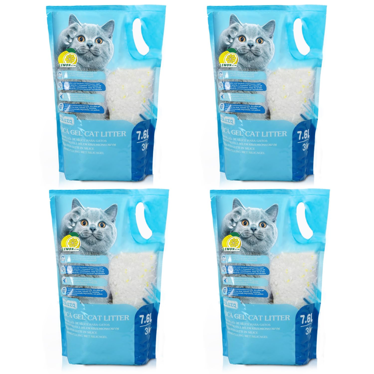 Nobleza Silica Cat Litter Crystals 30.4L, Each Bag 7.6L 3kg,4 Bags in Total, Premium Lemon Scented Silicone Gel Kitten Litter, Non-Clumping Ultra Absorbent Cat Sand, Dust-Free Odour Control