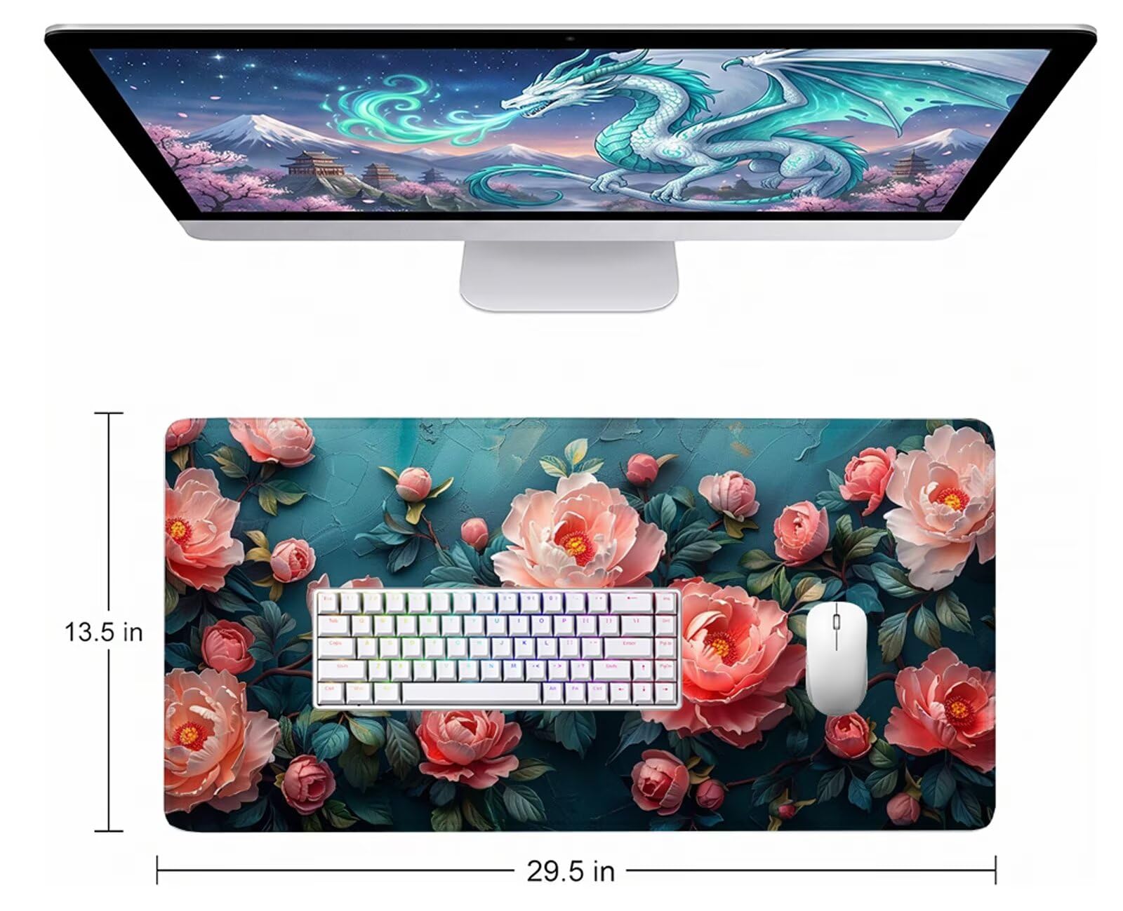 Rosa Alfombrilla Ratón XXL 150x80 cm Mouse Pad Grande Gaming Planta Alfombrilla Escritorio Antideslizante, Protector de Mesa para Ordenador y Teclado, Bordes Cosidos, Accesorios Oficina, Regalo W6-357