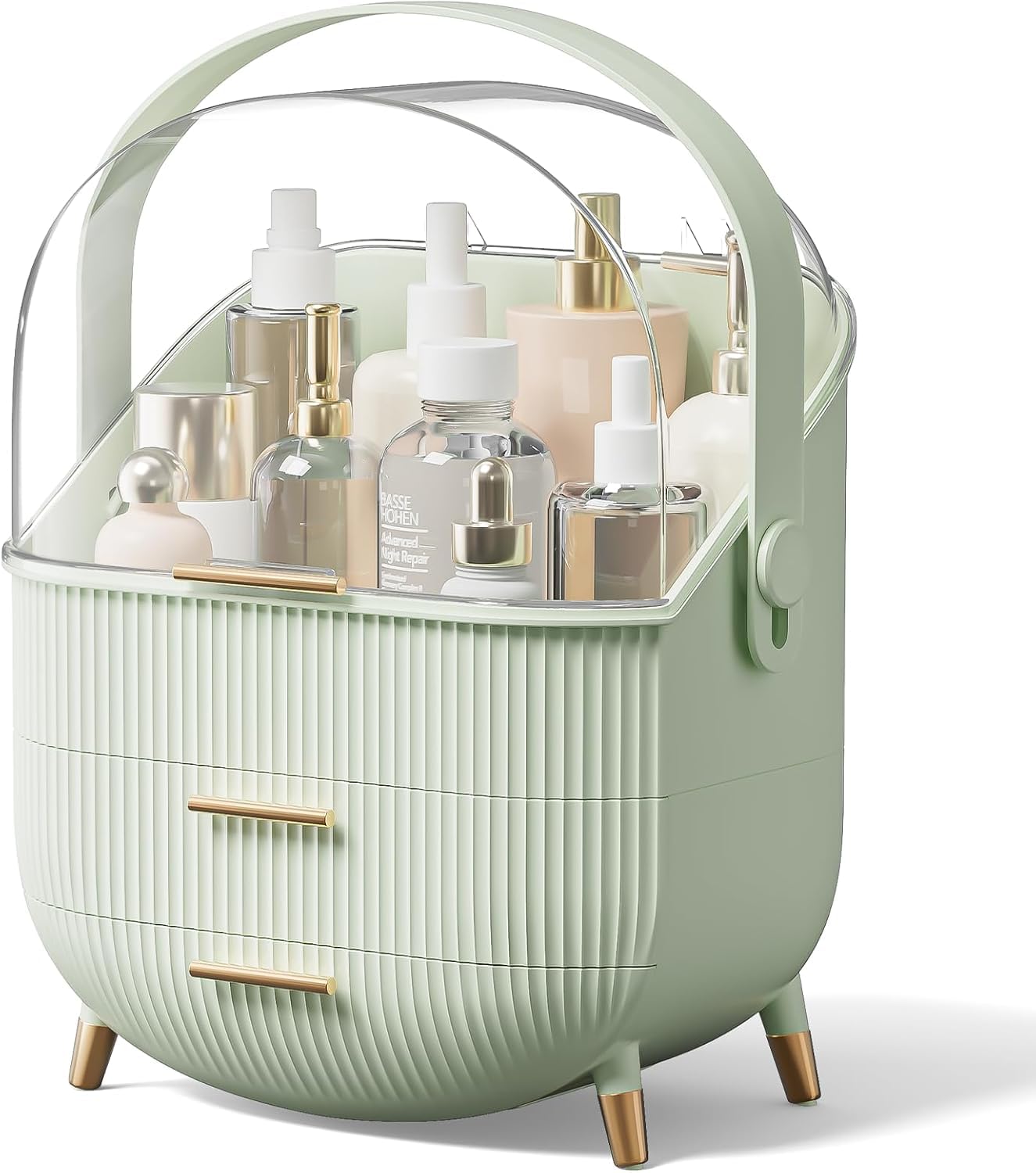 Makeup Storage Organizer，Large Cosmetics Display Case with 2-Layer Storage Box and Transparent Cover, Bedroom Vanity Desk (Mint Green)