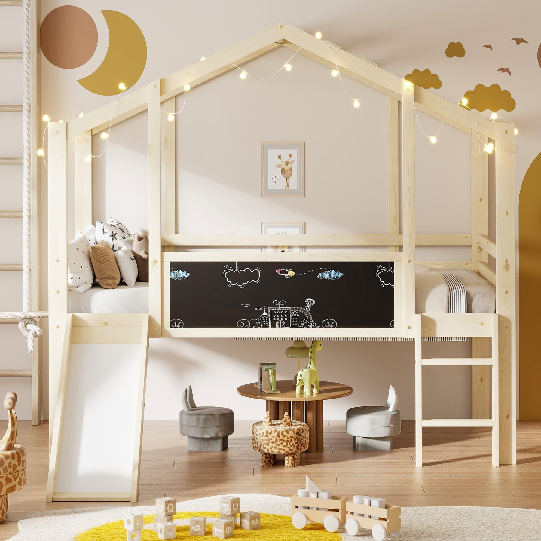 YEHTOKHOME Lit Mezzanine Multifonctionnel 90x200cm avec Toboggan et Tableau Noir,loft lit Simple Moderne en Bois avec échelle et Garde-Corps(sans Matelas) (Bois)