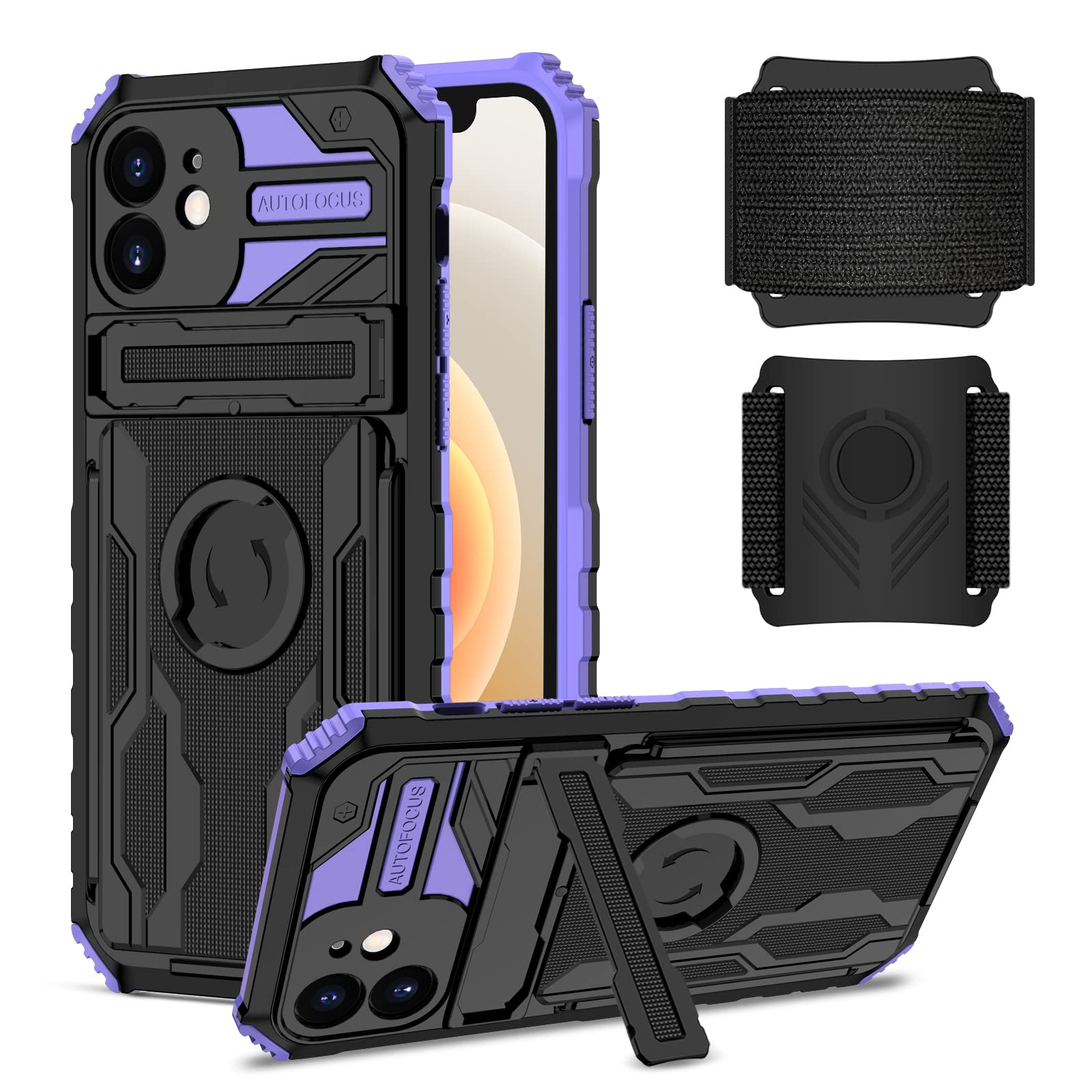 for iPhone 12 Pro Heavy Duty Shockproof Satnd Case,Sports Armband Case for iPhone 12 Pro,with 360° Rotatable & Detachable Wristband,Purple-image-46