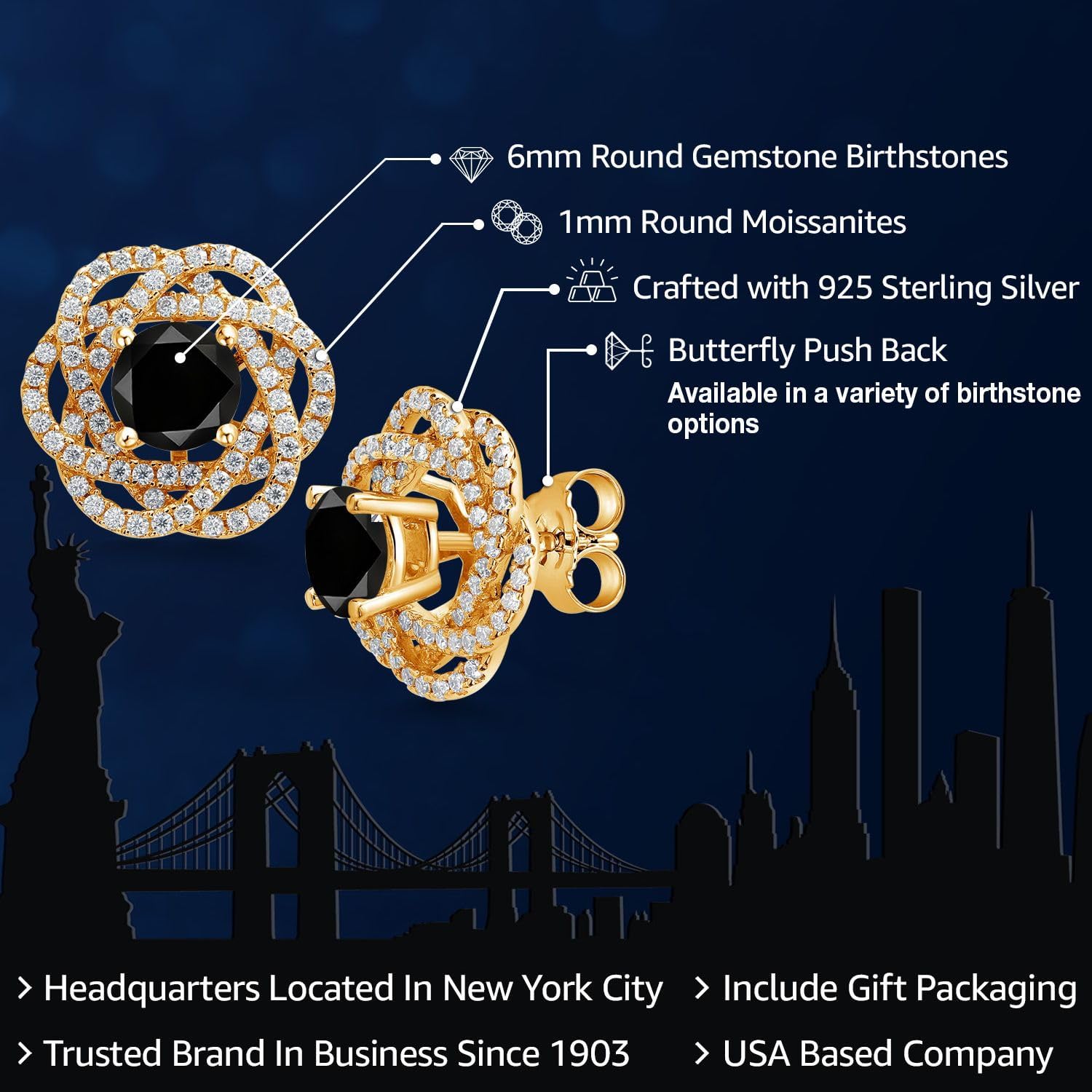 Gem Stone King 18K Yellow Gold Plated Silver Stud Earrings with Jackets Diamond and Moissanite (2.82 Cttw) - Image 2